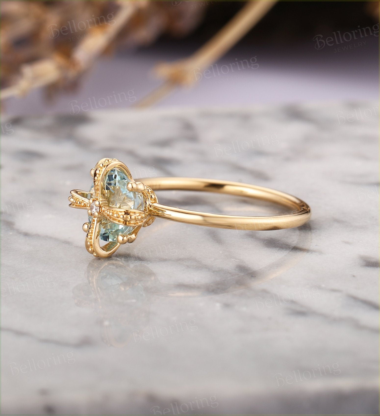 Aquamarine engagement ring yellow gold round vintage diamond art deco bridal set  antique Jewelry Promise Anniversary wedding ring