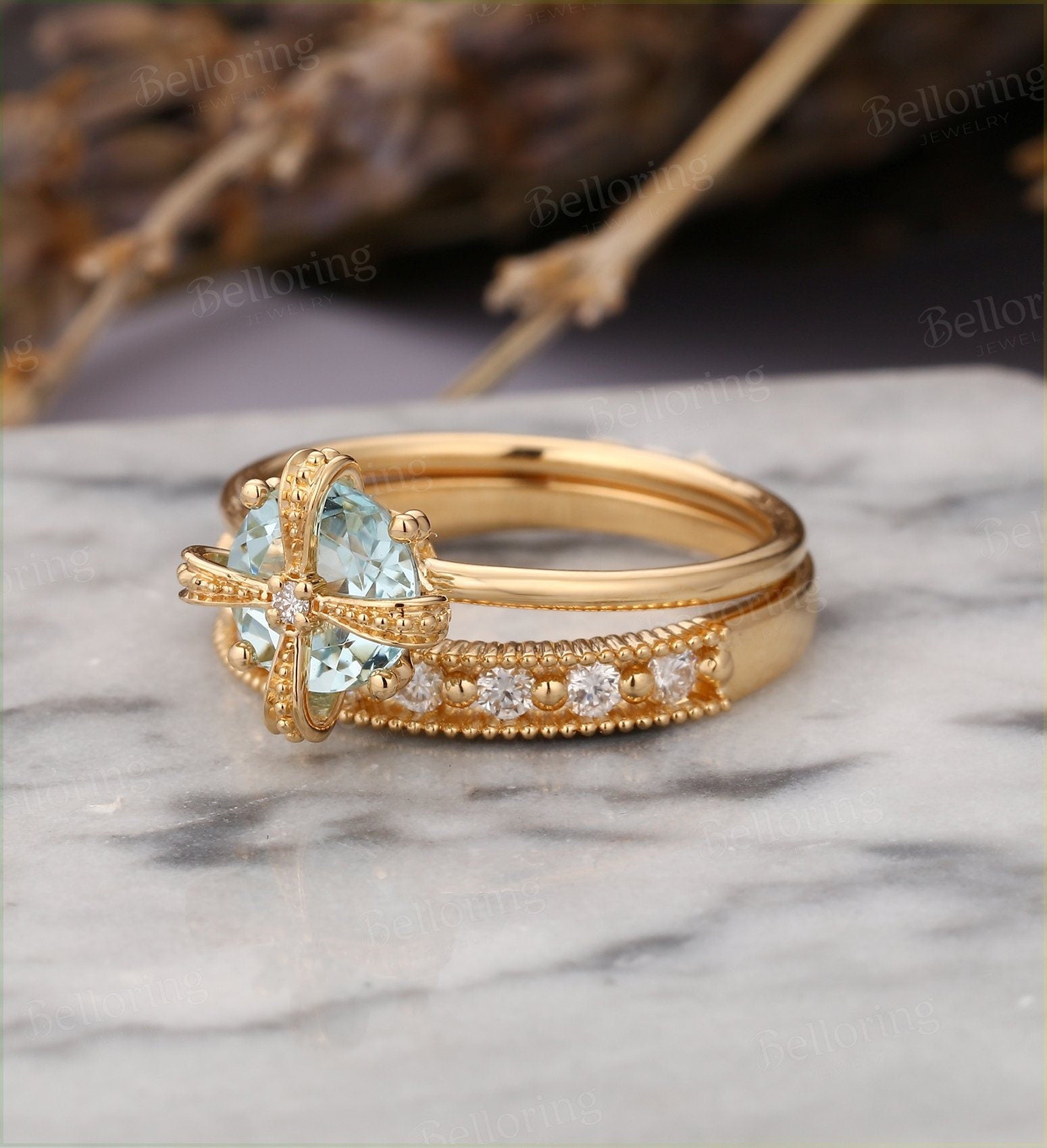 Aquamarine engagement ring rose gold art deco vintage diamond Half eternity Wedding band  antique Jewelry Anniversary bridal set