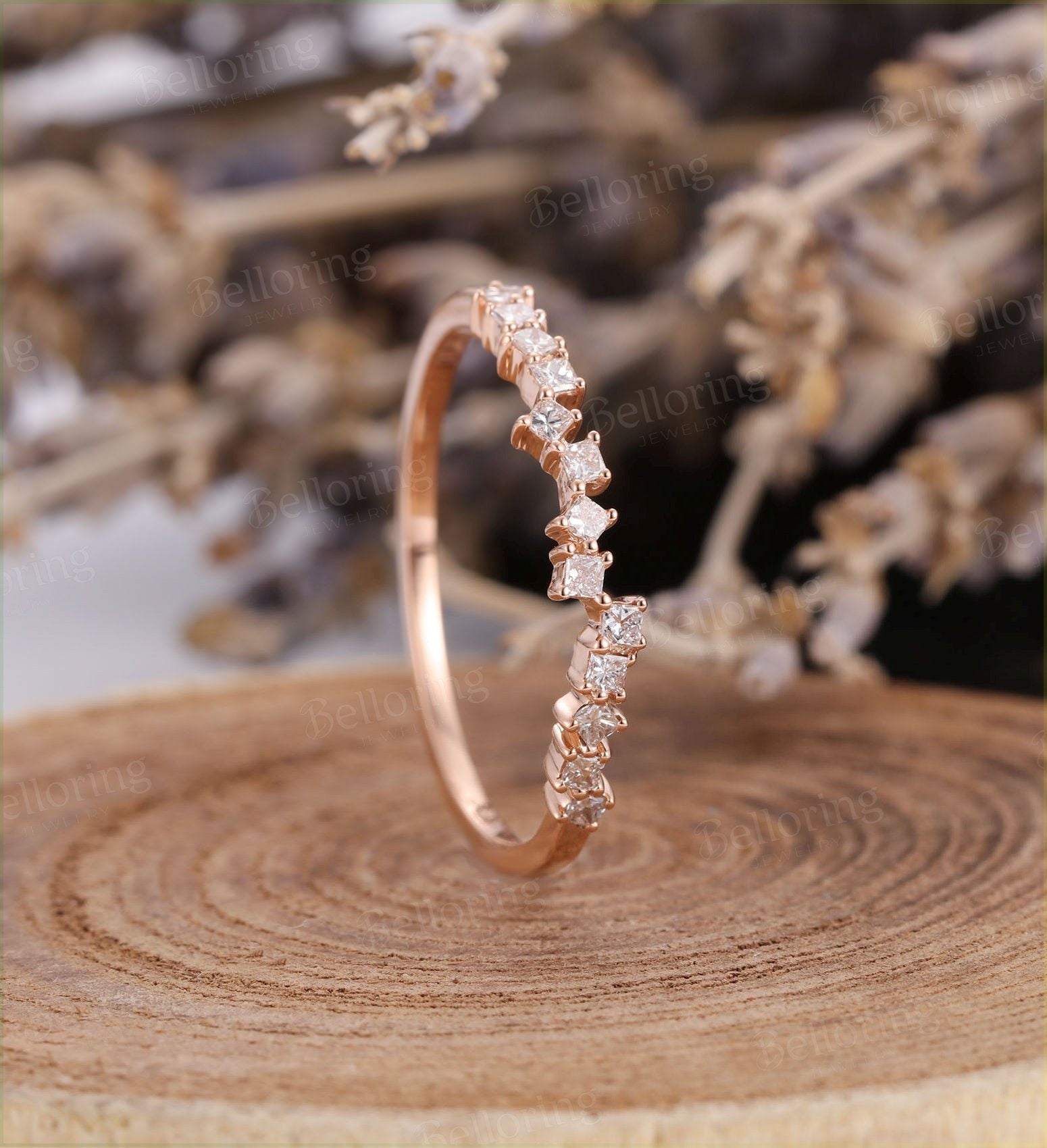 Diamond wedding band Vintage  rose Gold Half eternity unique milgrain Art Deco Antique  Promise Anniversary wedding ring