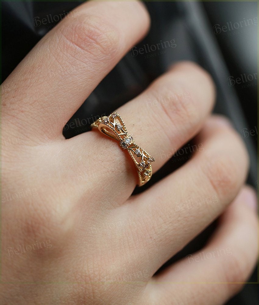 Diamond engagement ring  unique 14K yellow Gold vintage round cut Art Deco  wedding ring  Promise Anniversary wedding ring