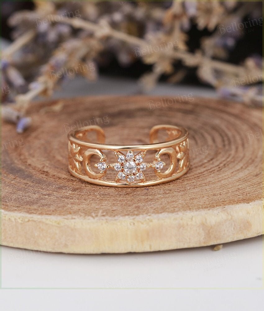 Diamond wedding band  14K rose Gold vintage round cut Art Deco unique diamond wedding ring   Promise Anniversary wedding ring