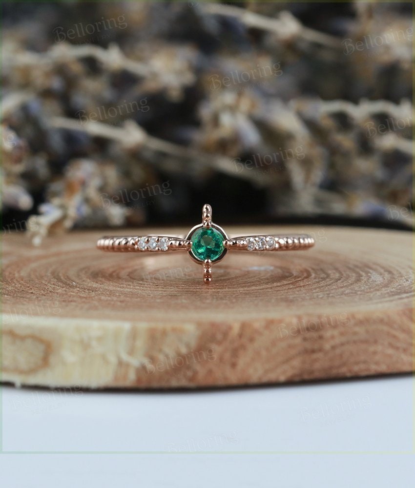 Emerald Engagement Ring rose Gold vintage round cut Art Deco Antique  diamond wedding ring   Promise Anniversary wedding ring