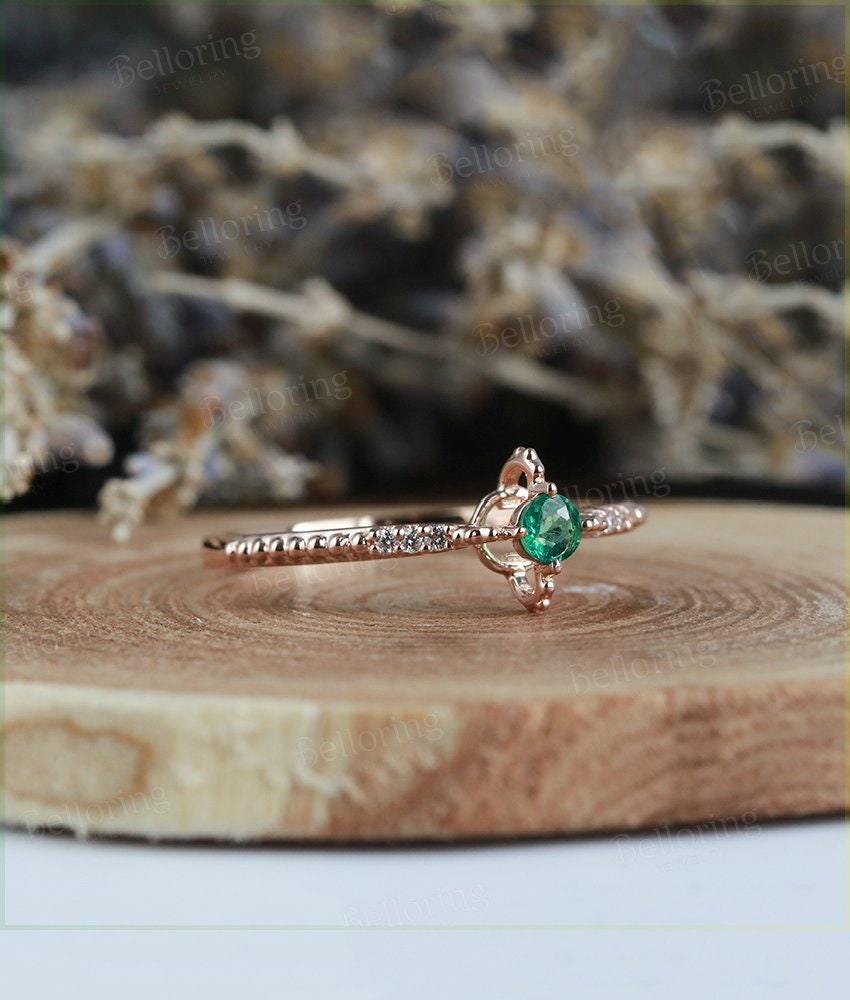 Emerald Engagement Ring rose Gold vintage round cut Art Deco Antique  diamond wedding ring   Promise Anniversary wedding ring