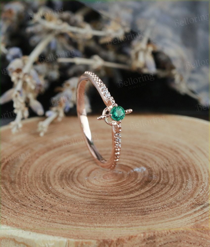 Emerald Engagement Ring rose Gold vintage round cut Art Deco Antique  diamond wedding ring   Promise Anniversary wedding ring