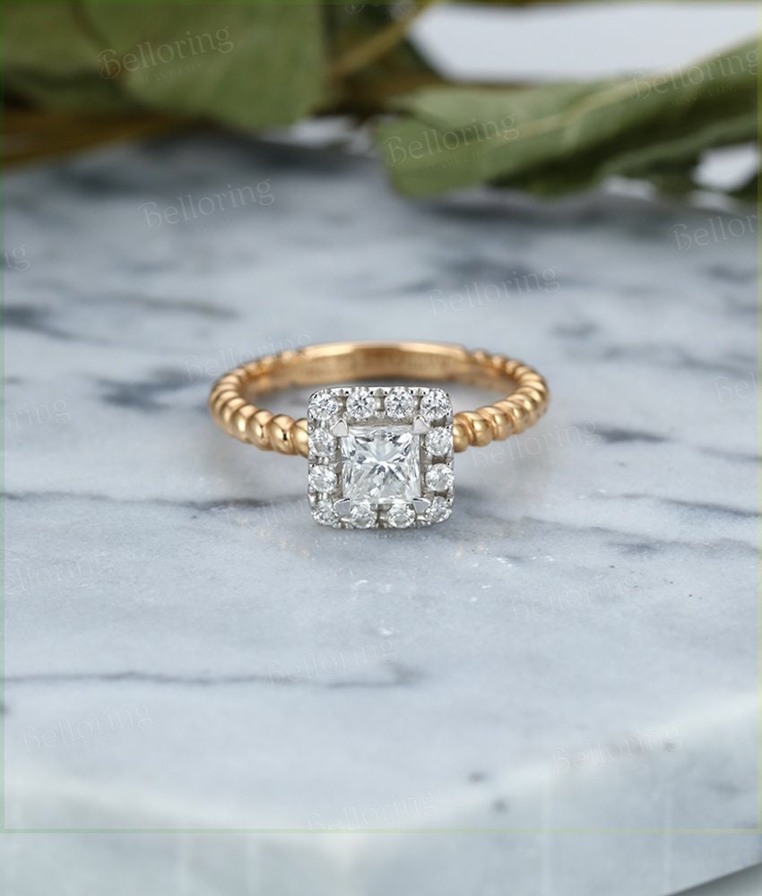 Moissanite Engagement ring Vintage Rose Gold halo  princess cut antique diamond ring art deco Beaded halo Bridal set anniversary gift