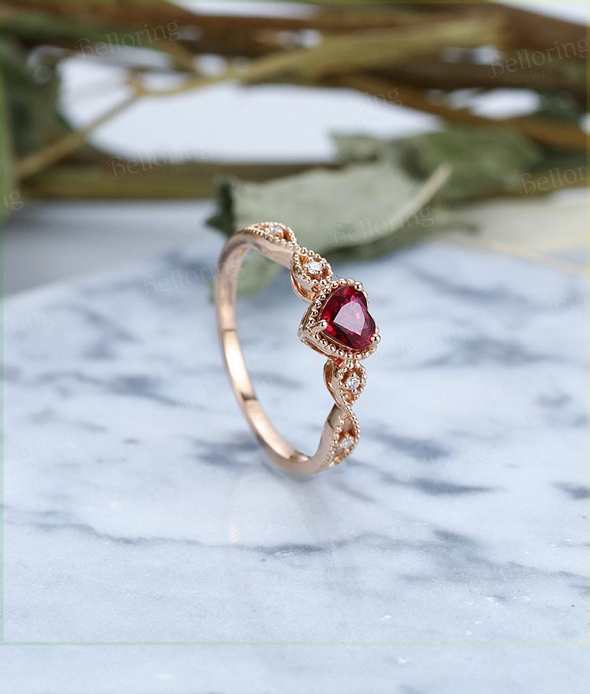 Heart shaped Ruby engagement ring rose gold ring Vintage milgrain diamond wedding ring unique antique art deco Anniversary wedding ring