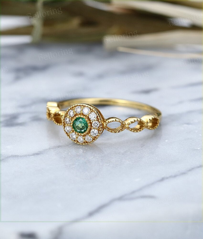 Emerald  Engagement Ring 14K yellow Gold vintage round cut Antique halo diamond wedding ring    Promise Anniversary wedding ring