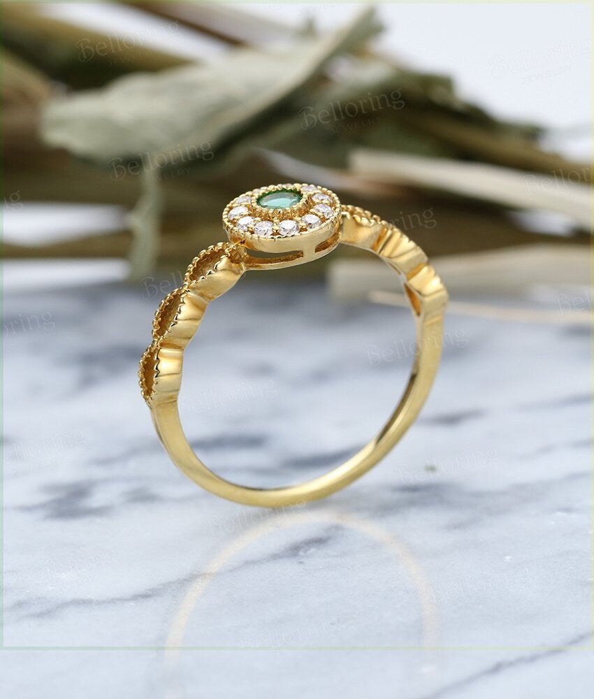 Emerald  Engagement Ring 14K yellow Gold vintage round cut Antique halo diamond wedding ring    Promise Anniversary wedding ring