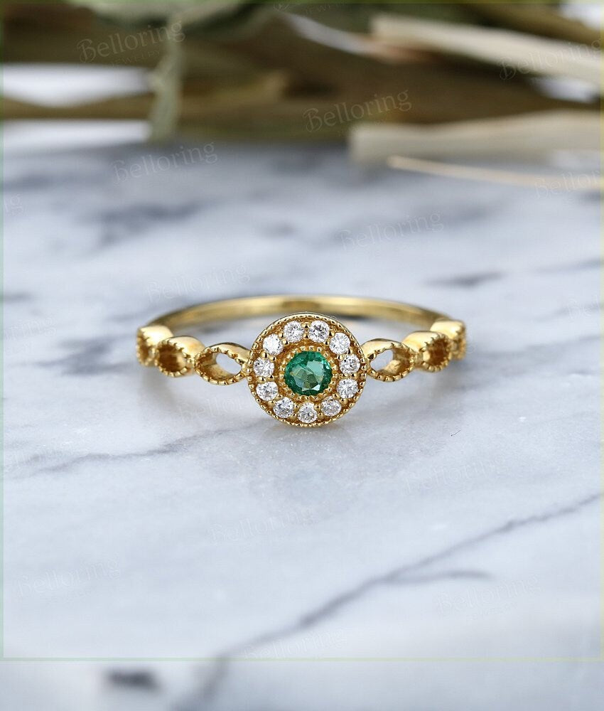 Emerald  Engagement Ring 14K yellow Gold vintage round cut Antique halo diamond wedding ring    Promise Anniversary wedding ring