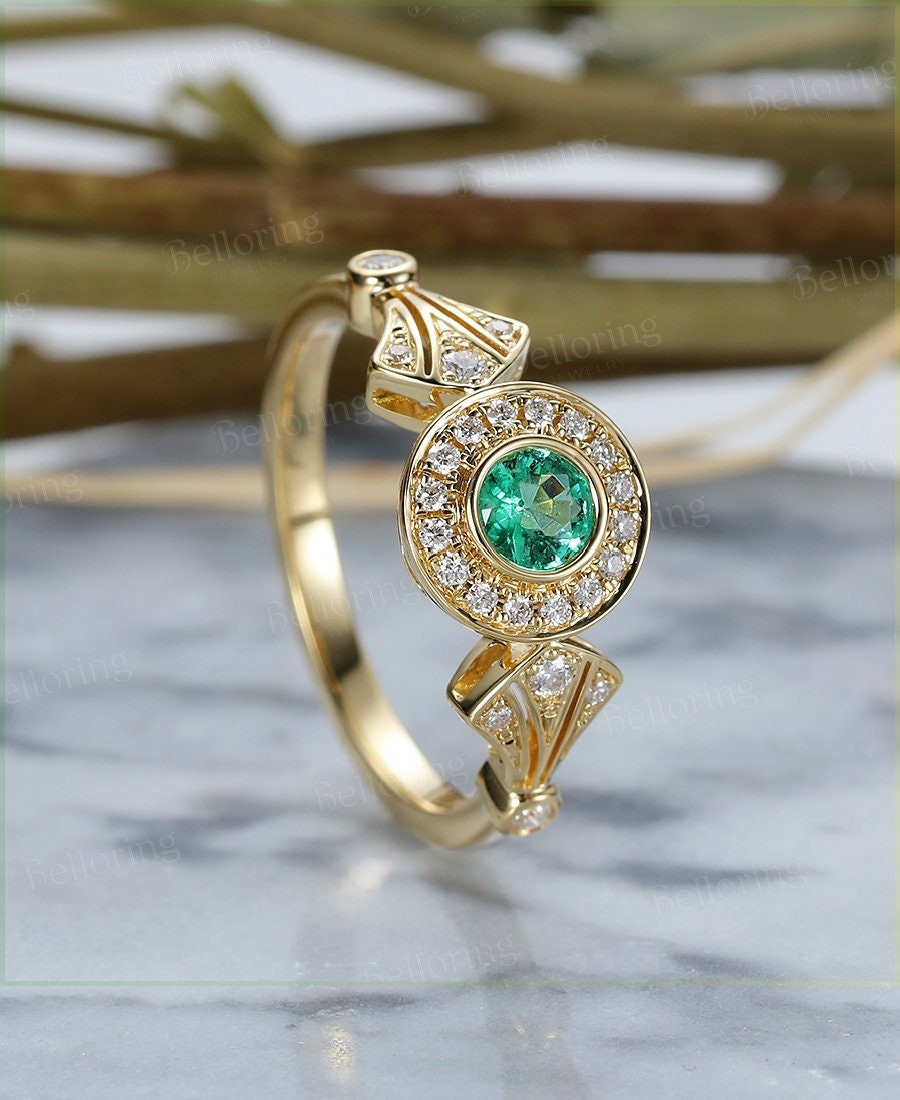 Emerald  Engagement Ring yellow Gold vintage round cut Art Deco Antique halo diamond wedding ring    Promise Anniversary wedding ring