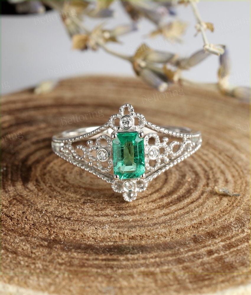 Lab Emerald engagement ring 14k white gold Emerald cut Halo moissanite Half eternity Wedding  Jewelry birthstone Anniversary wedding ring