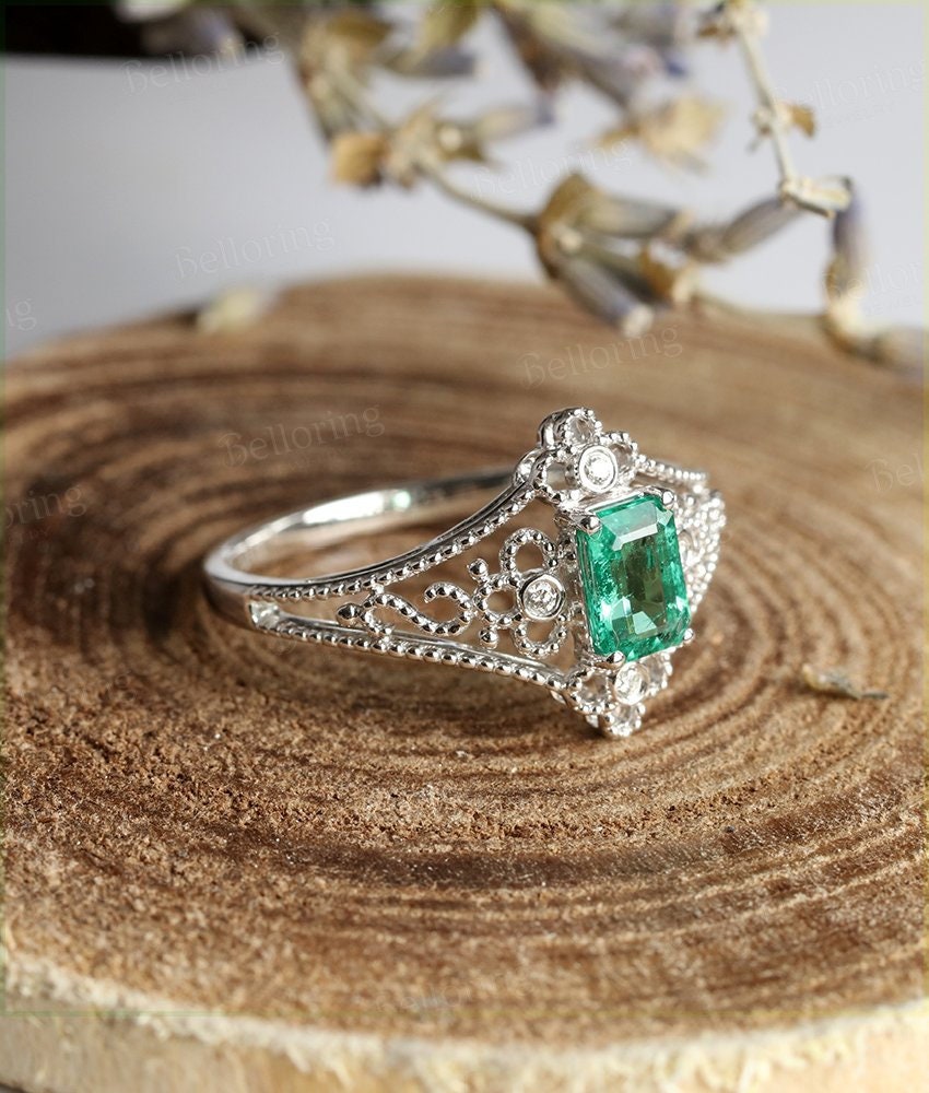 Lab Emerald engagement ring 14k white gold Emerald cut Halo moissanite Half eternity Wedding  Jewelry birthstone Anniversary wedding ring