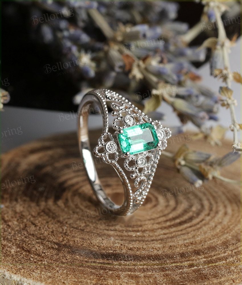 Lab Emerald engagement ring 14k white gold Emerald cut Halo moissanite Half eternity Wedding  Jewelry birthstone Anniversary wedding ring