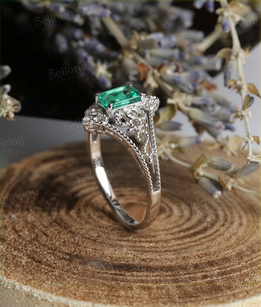 Lab Emerald engagement ring 14k white gold Emerald cut Halo moissanite Half eternity Wedding  Jewelry birthstone Anniversary wedding ring