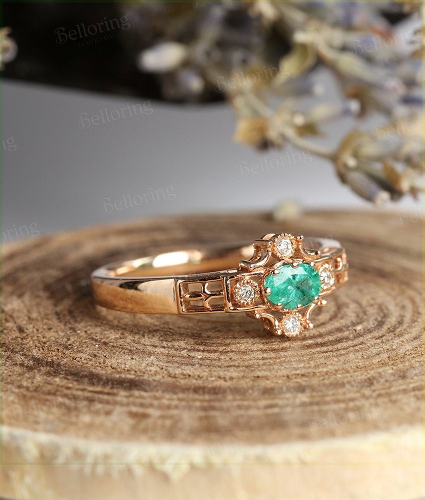 Emerald engagement ring 14k rose gold oval cut vintage Halo diamond Half eternity Wedding   Jewelry birthstone Anniversary wedding ring