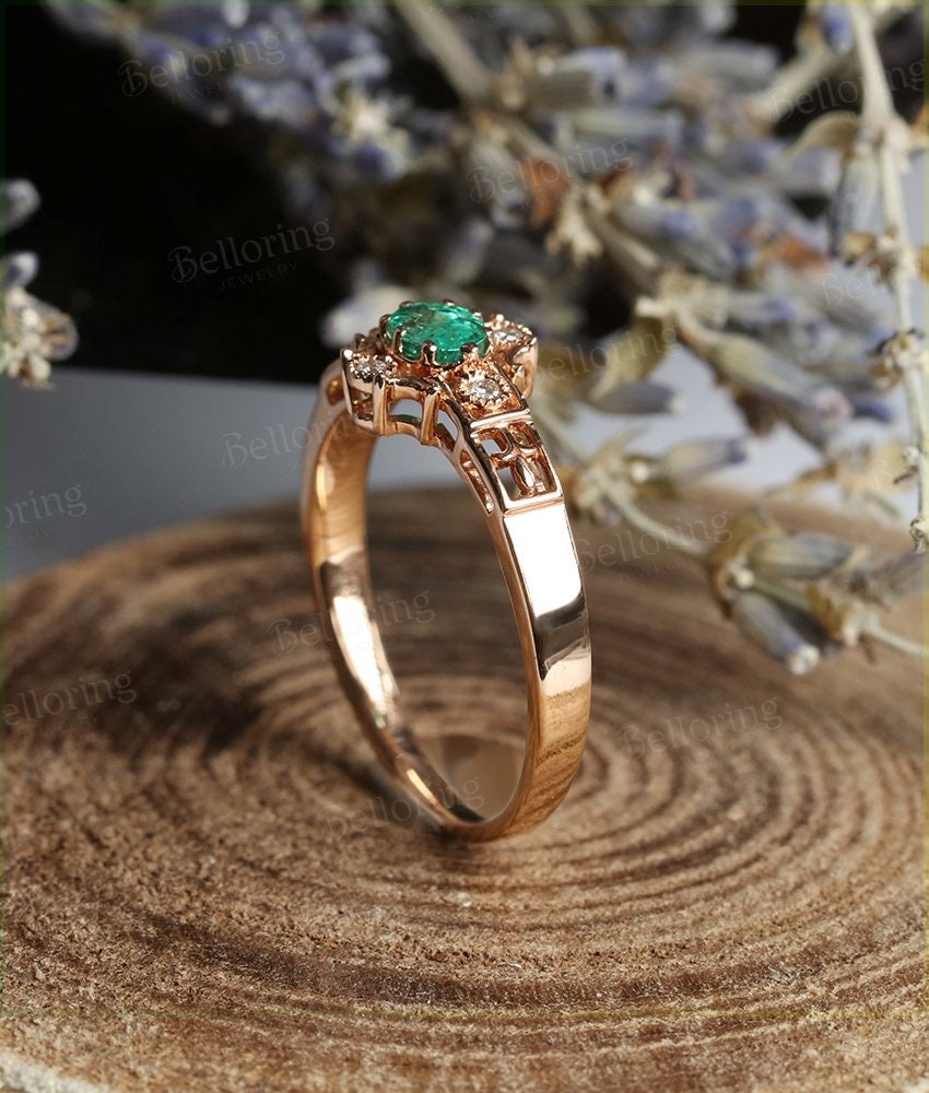 Emerald engagement ring 14k rose gold oval cut vintage Halo diamond Half eternity Wedding   Jewelry birthstone Anniversary wedding ring