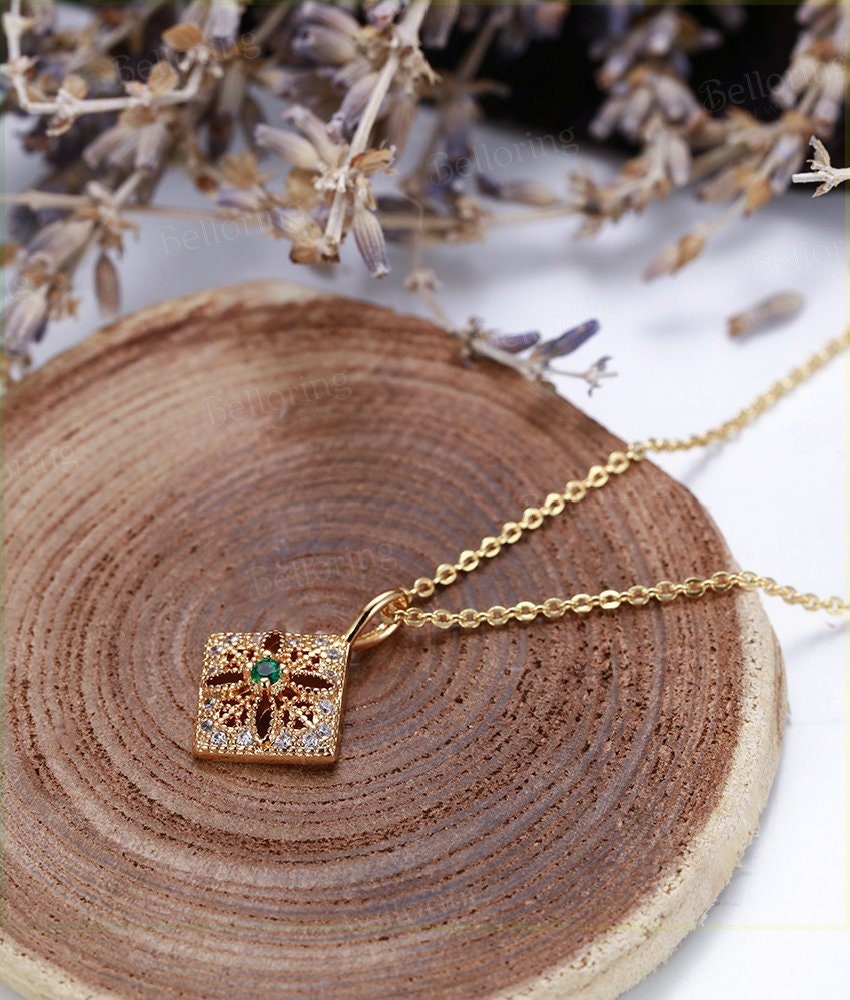 Emerald necklace for  bridal  vintage Pendant Solid 14K yellow gold unique milgrain delicate Anniversary wedding ring kite shape