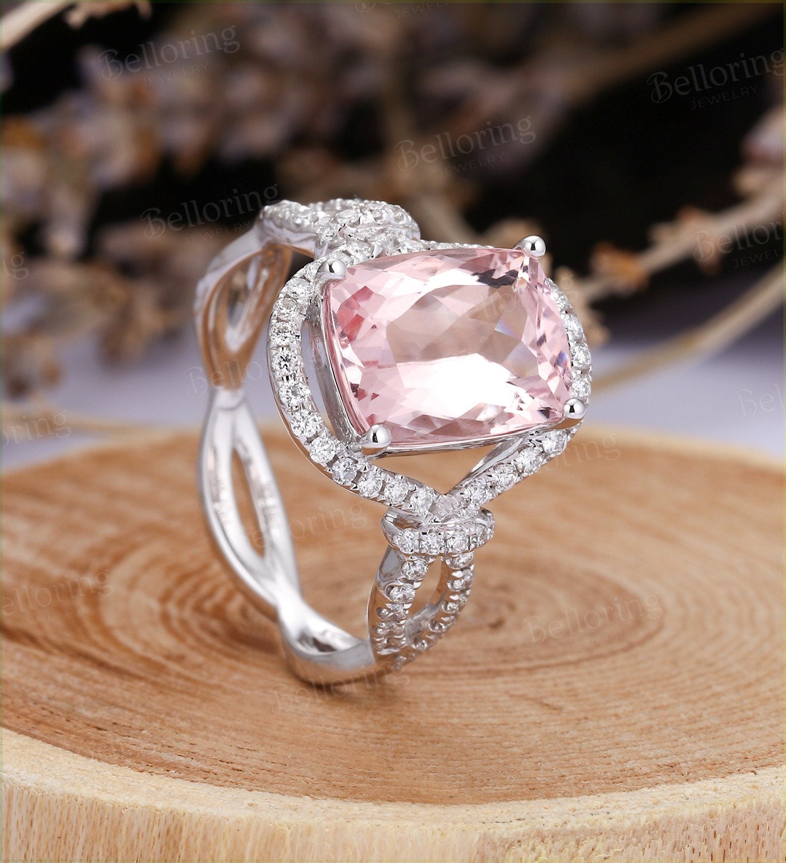 Cushion cut Morganite engagement ring Rose gold art deco vintage rings for  antique twisted band Jewelry Anniversary wedding ring