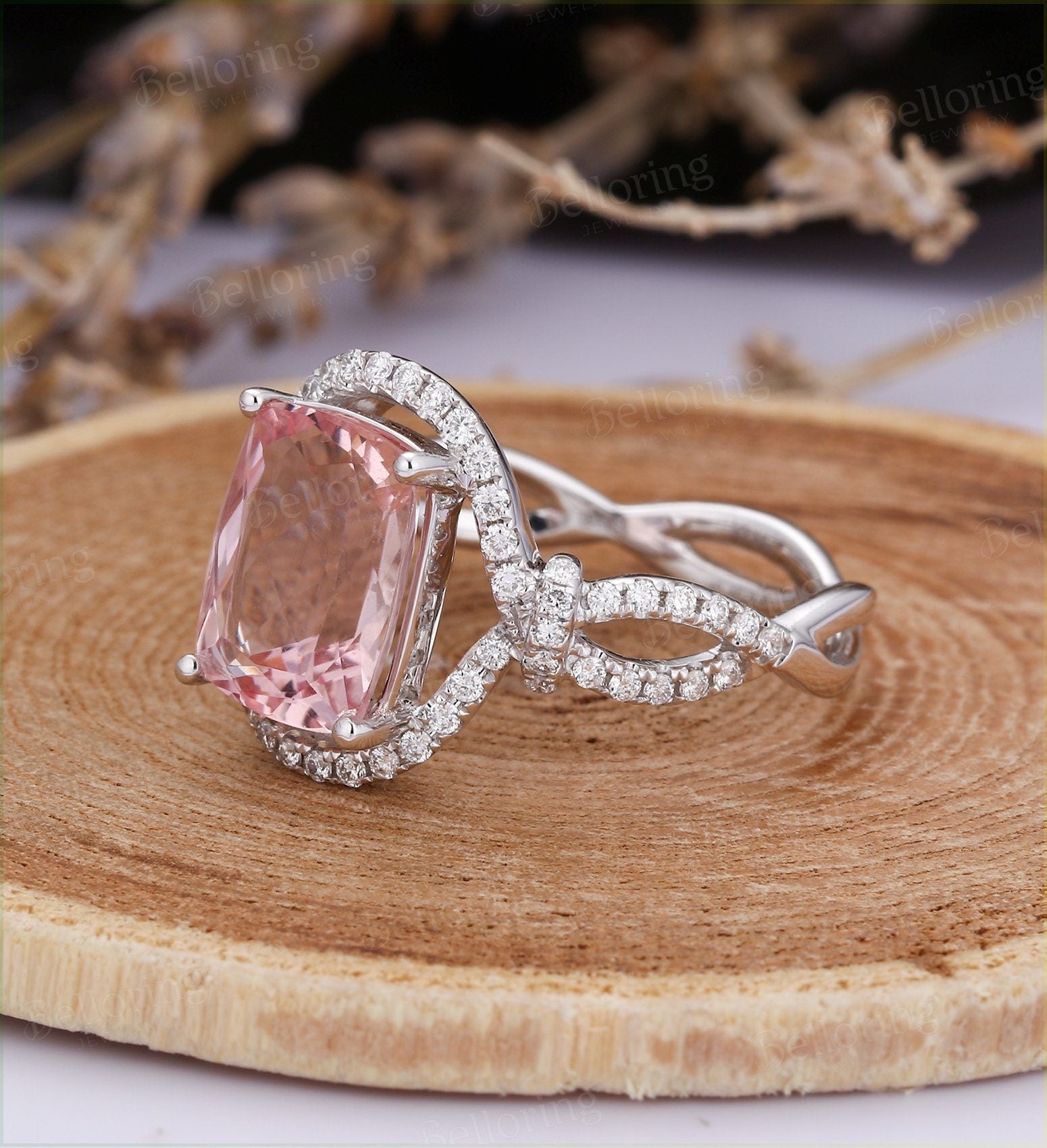 Cushion cut Morganite engagement ring Rose gold art deco vintage rings for  antique twisted band Jewelry Anniversary wedding ring