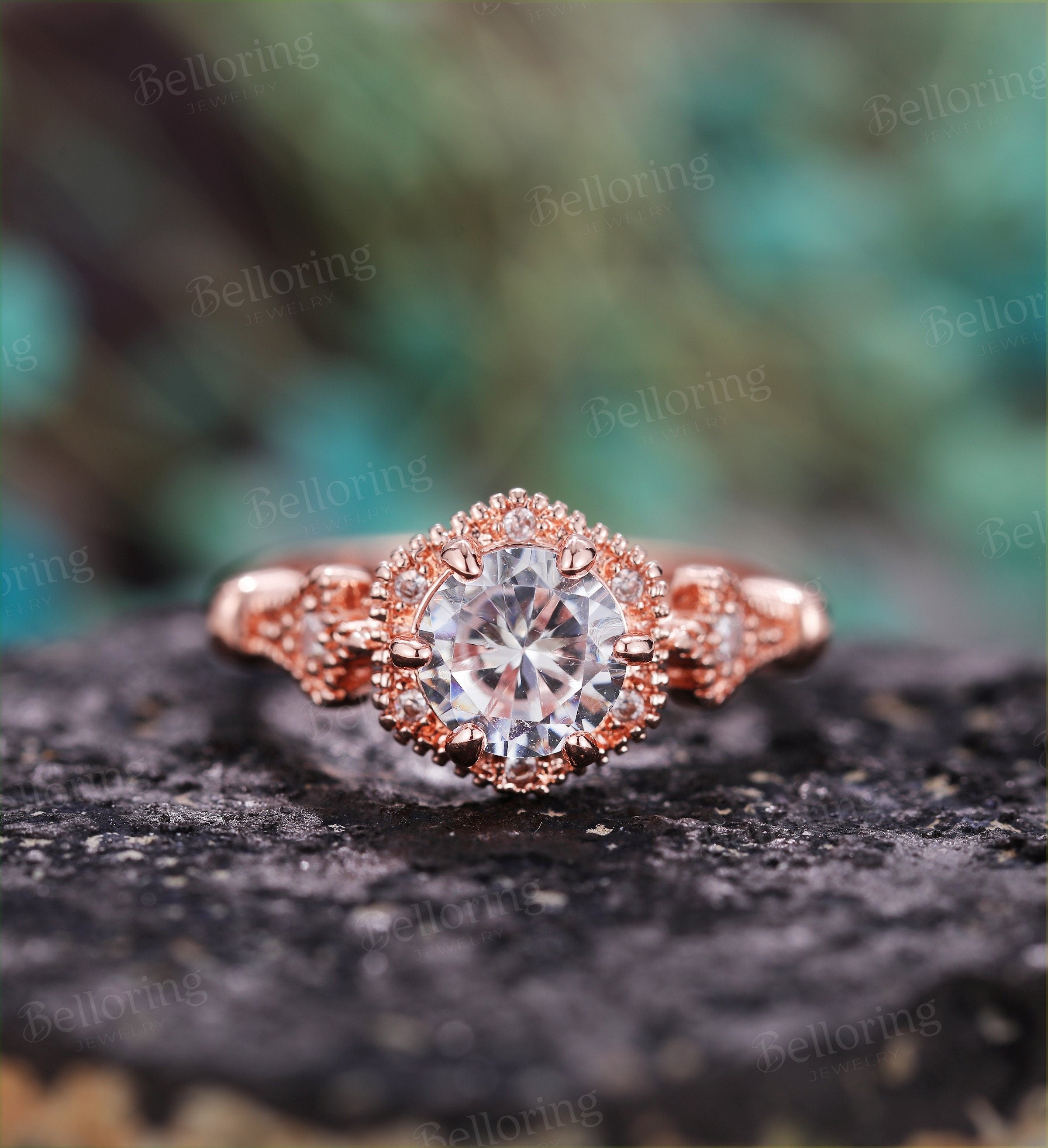 Moissanite engagement ring for  14k rose gold milgrain vintage prong set art deco Jewelry Anniversary wedding ring