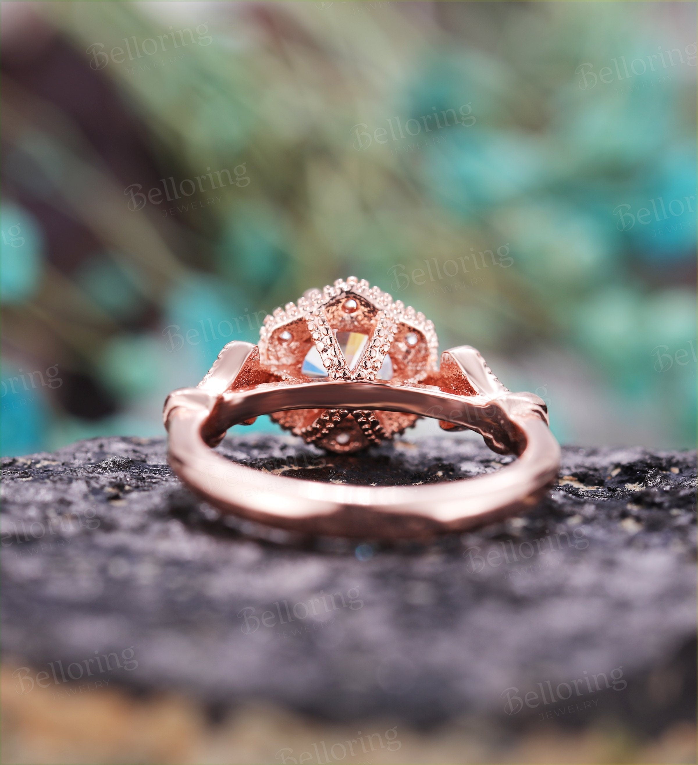 Moissanite engagement ring for  14k rose gold milgrain vintage prong set art deco Jewelry Anniversary wedding ring