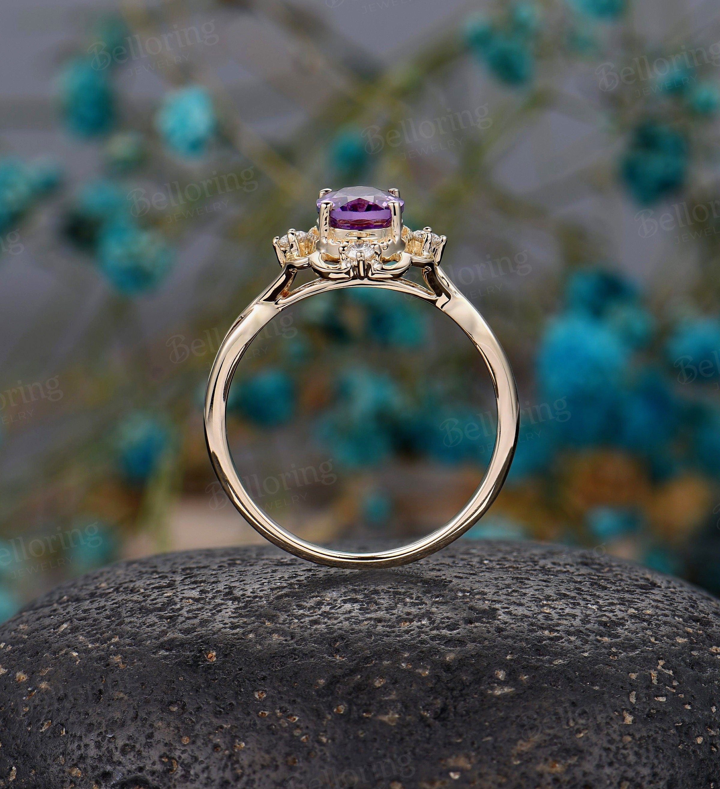 Amethyst engagement ring Vintage Yellow gold ring oval cut Antique ring Art deco diamond Wedding Ring Promise Anniversary wedding ring