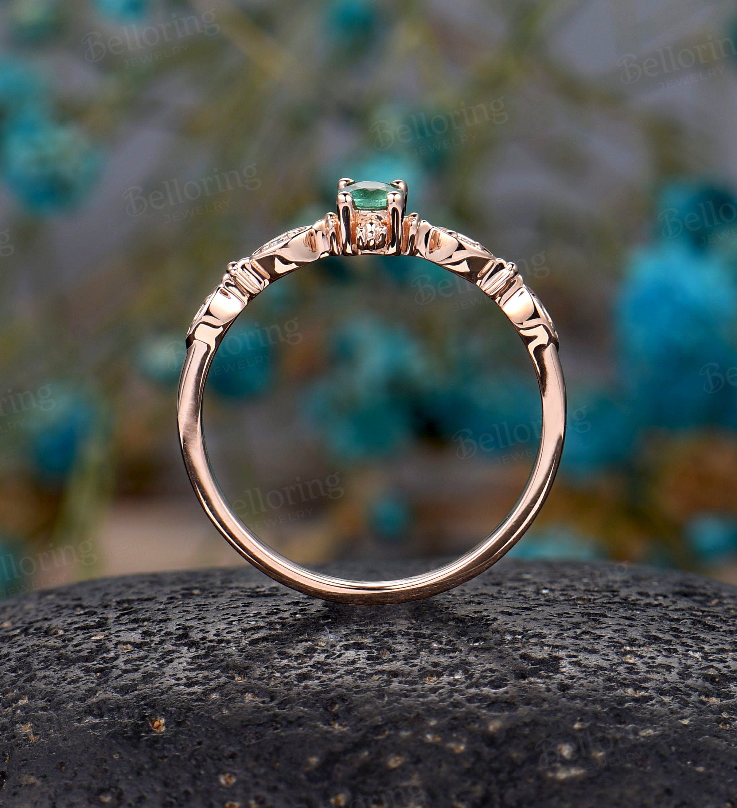 Emerald Engagement Ring rose gold ring wedding vintage round cut ring Art Deco unique diamond ring Promise Anniversary  ring