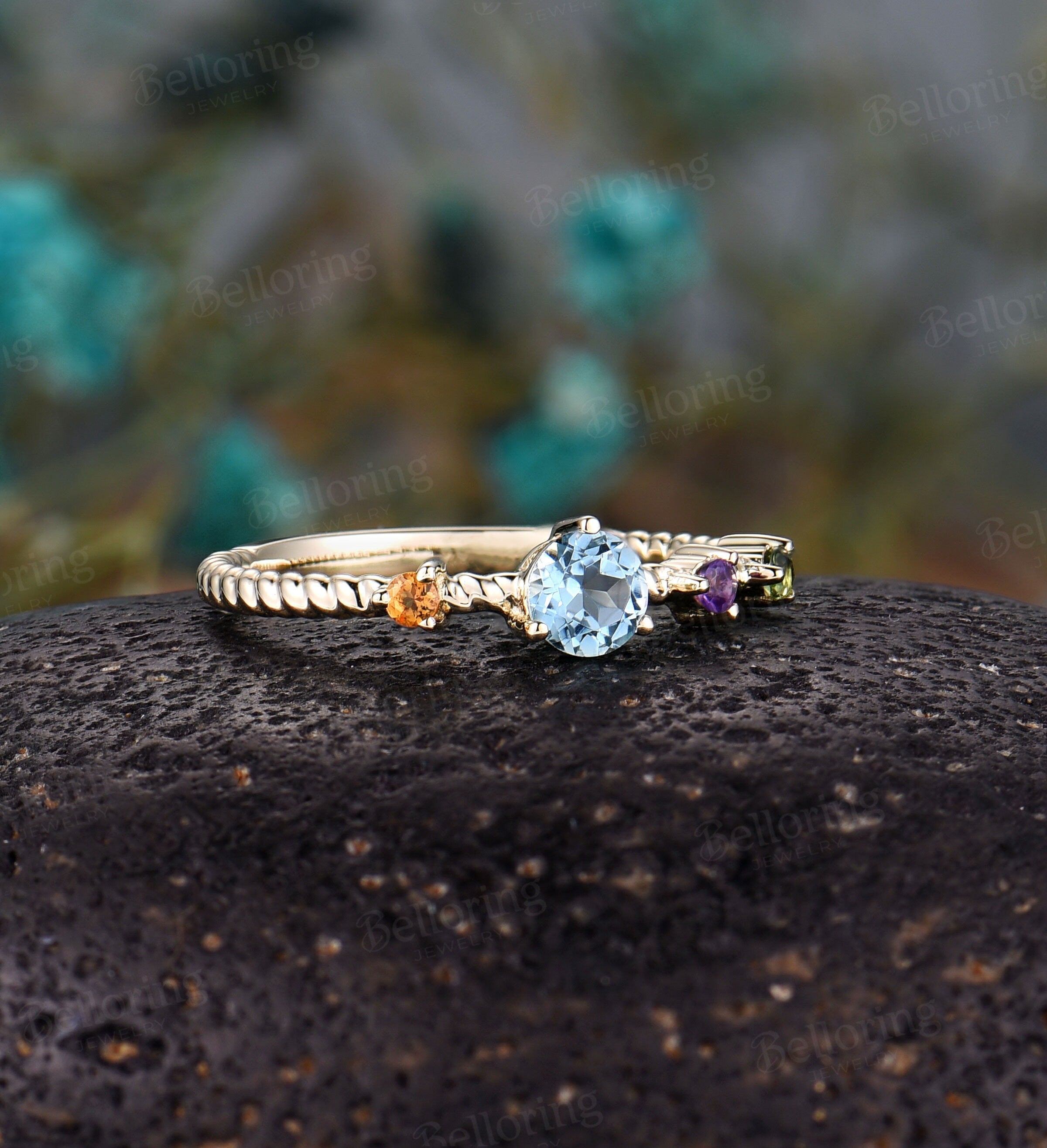 Blue topaz engagement ring Yellow Gold ring citrine wedding ring amethyst round cut ring unique turquoise prong set  ring Anniversary ring