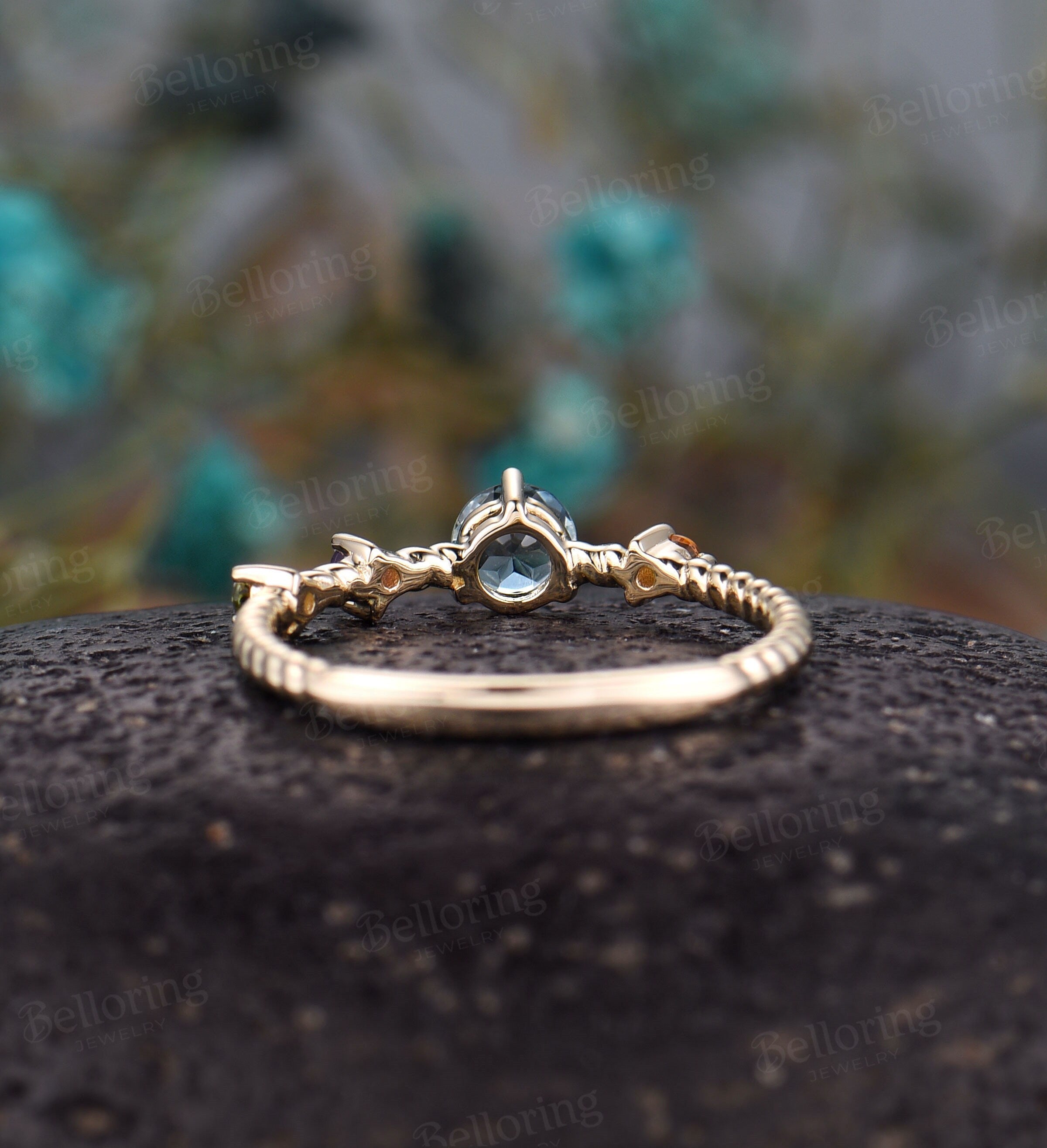 Blue topaz engagement ring Yellow Gold ring citrine wedding ring amethyst round cut ring unique turquoise prong set  ring Anniversary ring