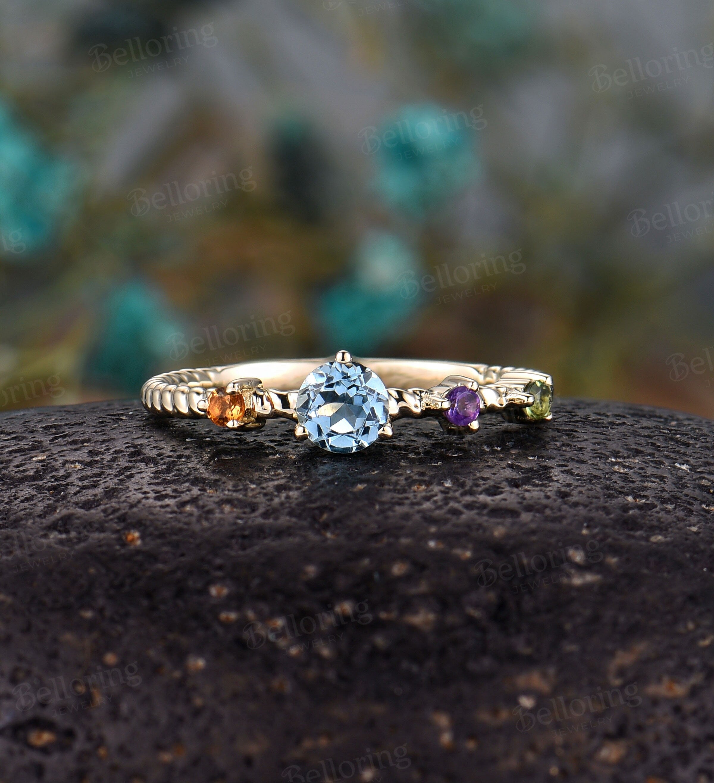 Blue topaz engagement ring Yellow Gold ring citrine wedding ring amethyst round cut ring unique turquoise prong set  ring Anniversary ring