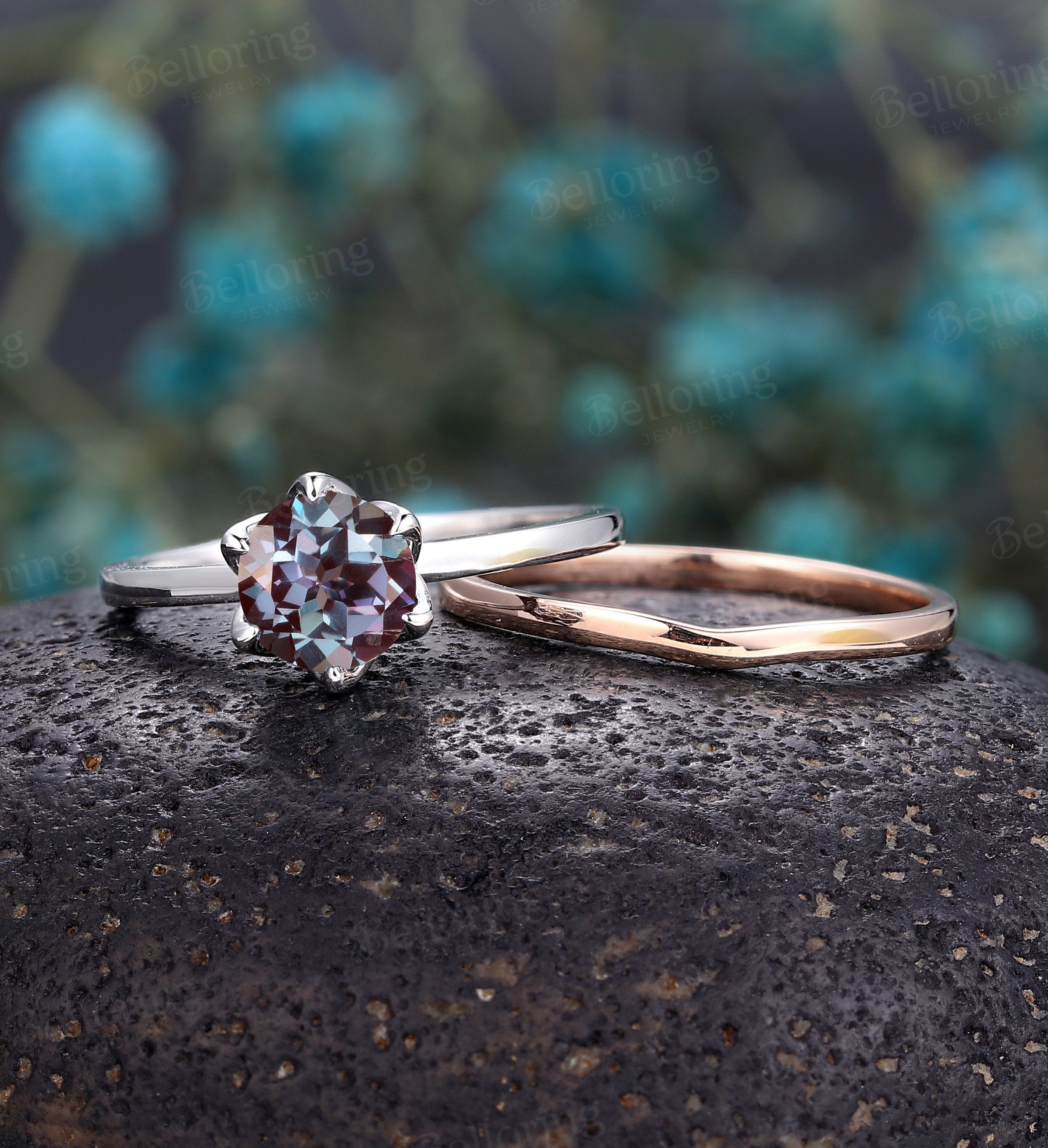 Vintage Alexandrite Bridal set,Art deco engagement ring,Prong set ring,Rose  gold wedding band,Unique stacking band,promise Anniversary ring