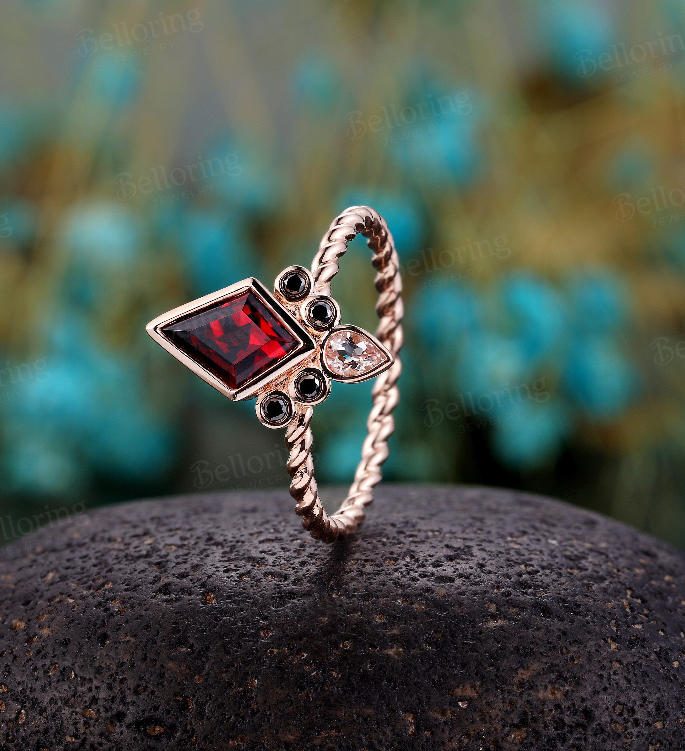 Kite shaped Garnet Engagement Ring/ vintage rose gold twisted band ring/Art Deco unique black diamond wedding ring/ Anniversary ring