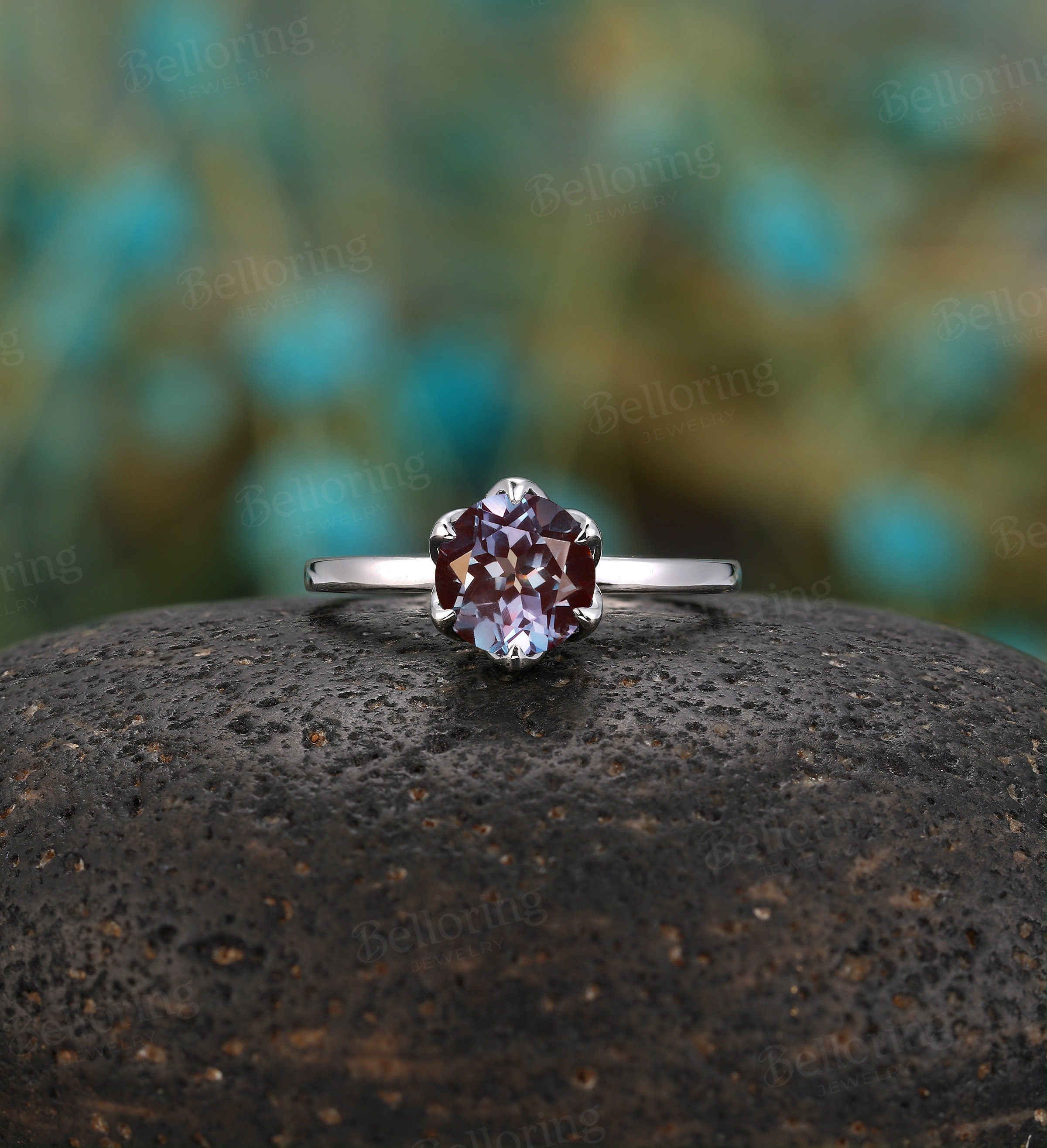 Alexandrite engagement ring vintage prong set unique white gold moissanite art deco Wedding solitaire Jewelry anniversary wedding ring