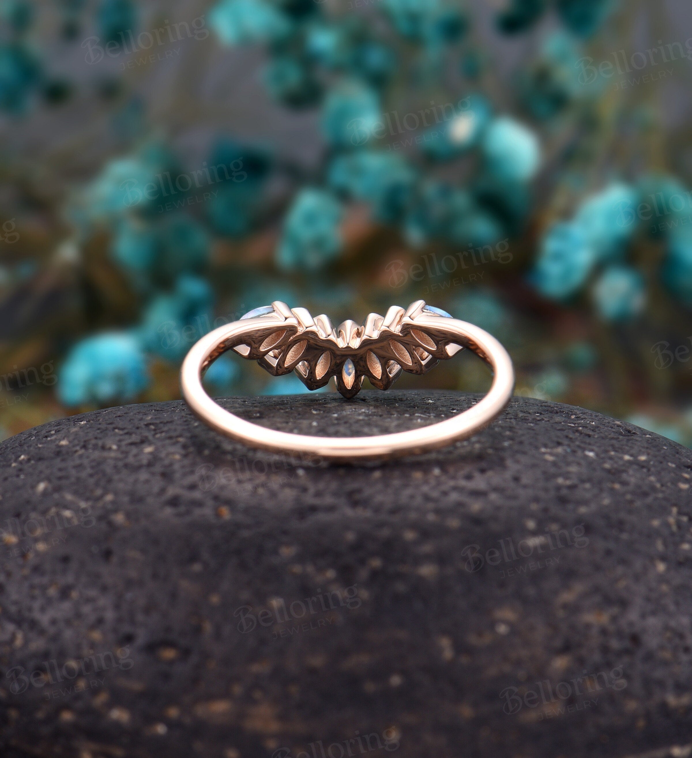 Moonstone Vintage curved wedding band  rose gold Art deco marquise unique Promise Jewelry birthstone Anniversary wedding ring