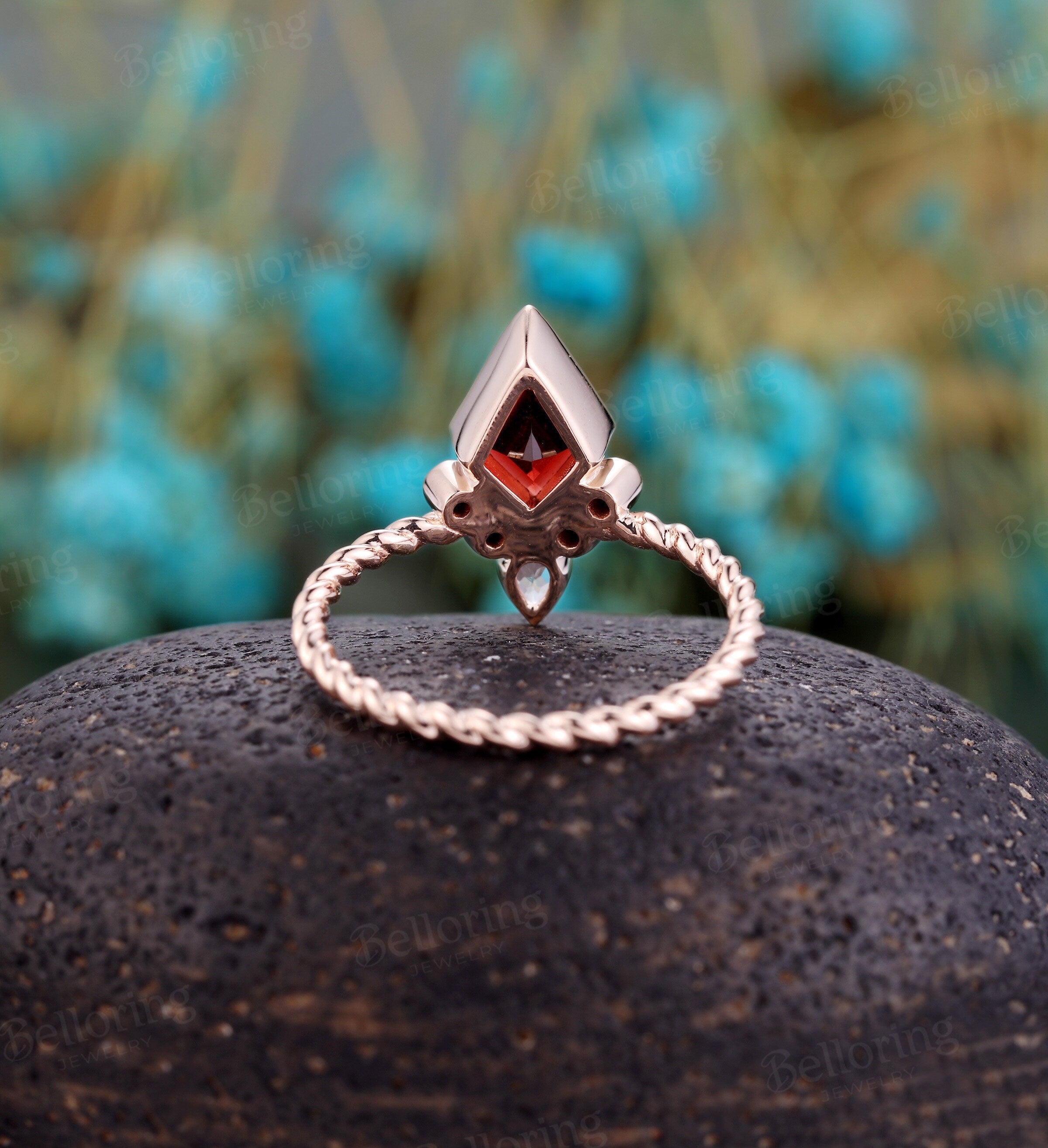 Kite shaped Garnet Engagement Ring/ vintage rose gold twisted band ring/Art Deco unique black diamond wedding ring/ Anniversary ring