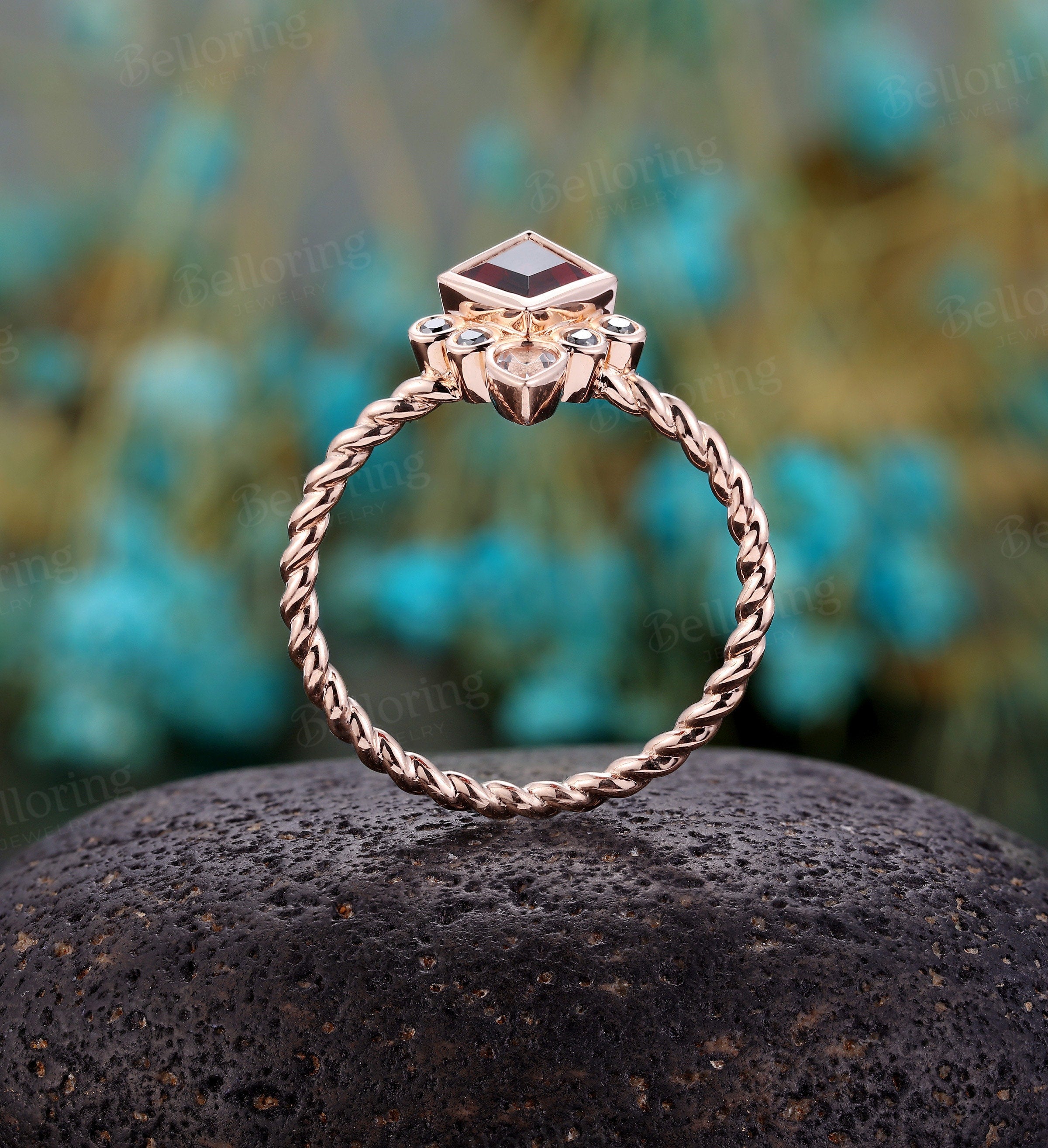 Kite shaped Garnet Engagement Ring/ vintage rose gold twisted band ring/Art Deco unique black diamond wedding ring/ Anniversary ring