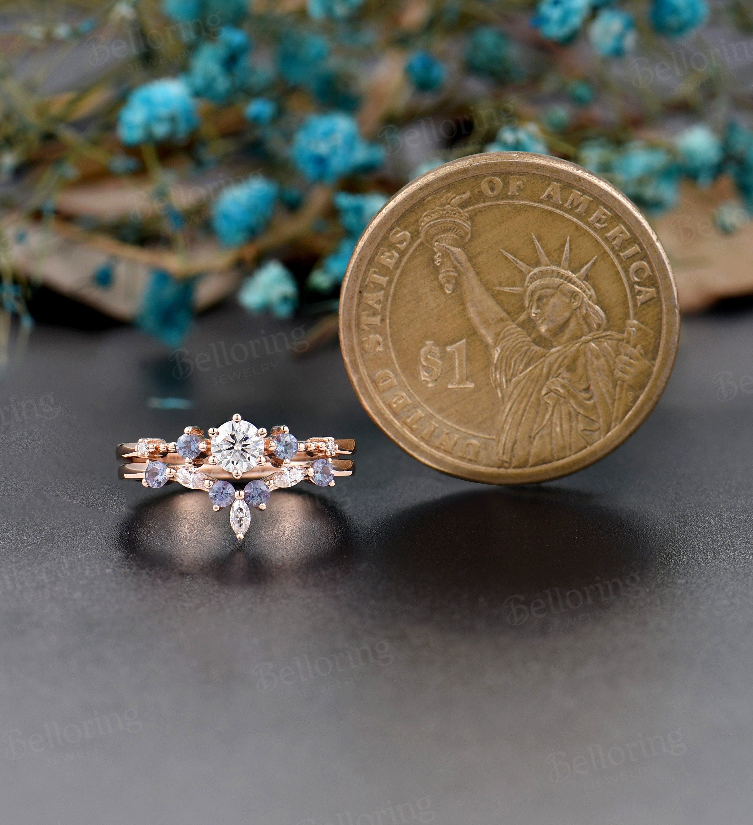 Moissanite engagement ring set dainty vintage 5 stone ring prong set  alexandrite ring antique art deco Jewelry Anniversary wedding ring