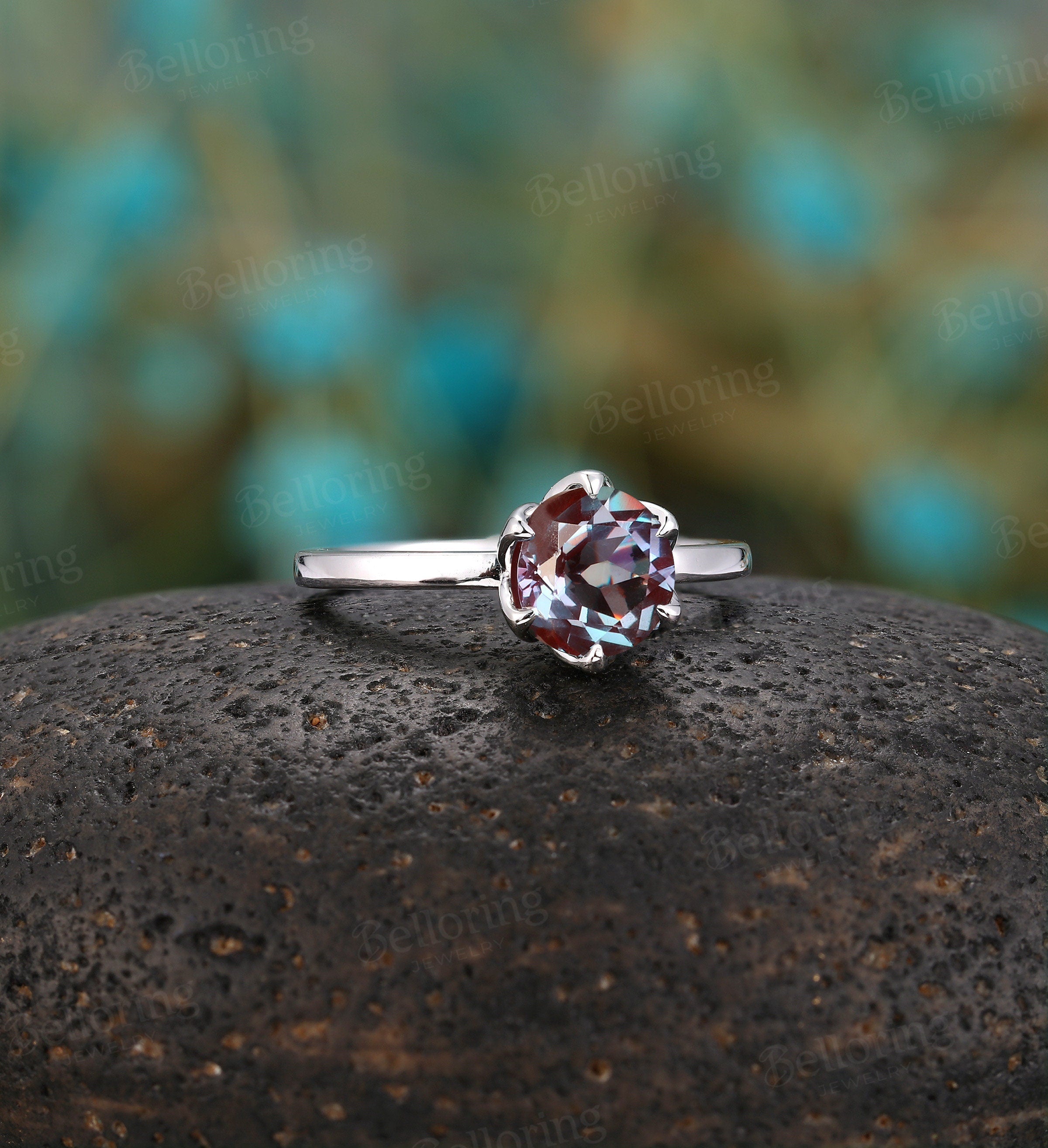 Alexandrite engagement ring vintage prong set unique white gold moissanite art deco Wedding solitaire Jewelry anniversary wedding ring