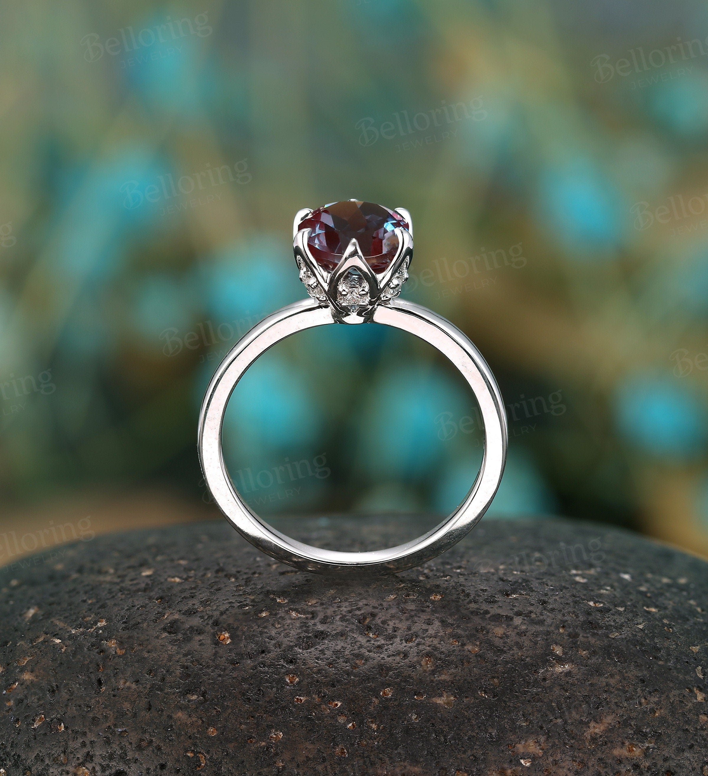 Alexandrite engagement ring vintage prong set unique white gold moissanite art deco Wedding solitaire Jewelry anniversary wedding ring