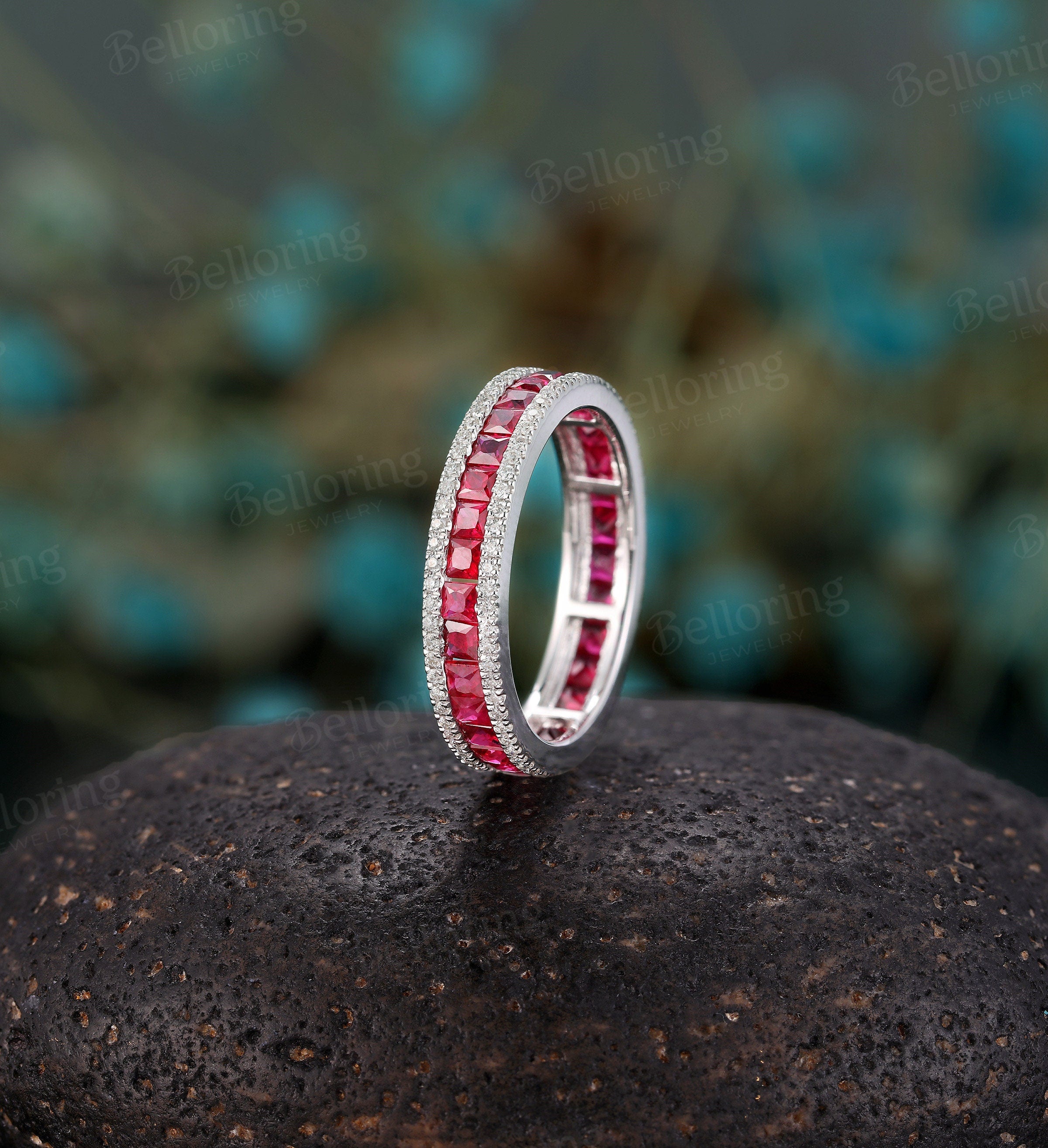 14k white gold wedding band halo Moissanite   Unique ruby eternity Antique ring Vintage Bridal Jewelry Anniversary Promise Gift for her