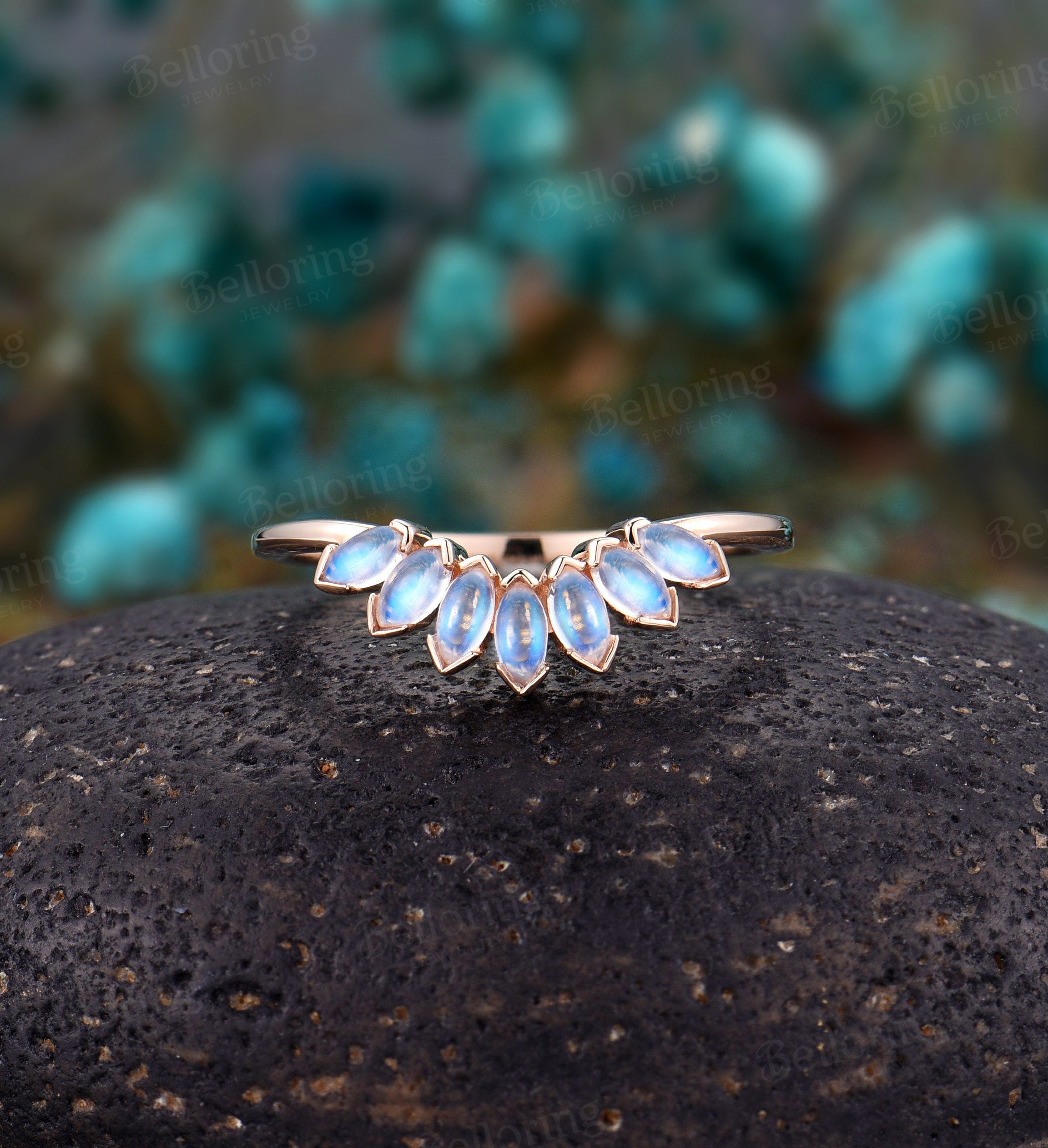 Moonstone Vintage curved wedding band  rose gold Art deco marquise unique Promise Jewelry birthstone Anniversary wedding ring