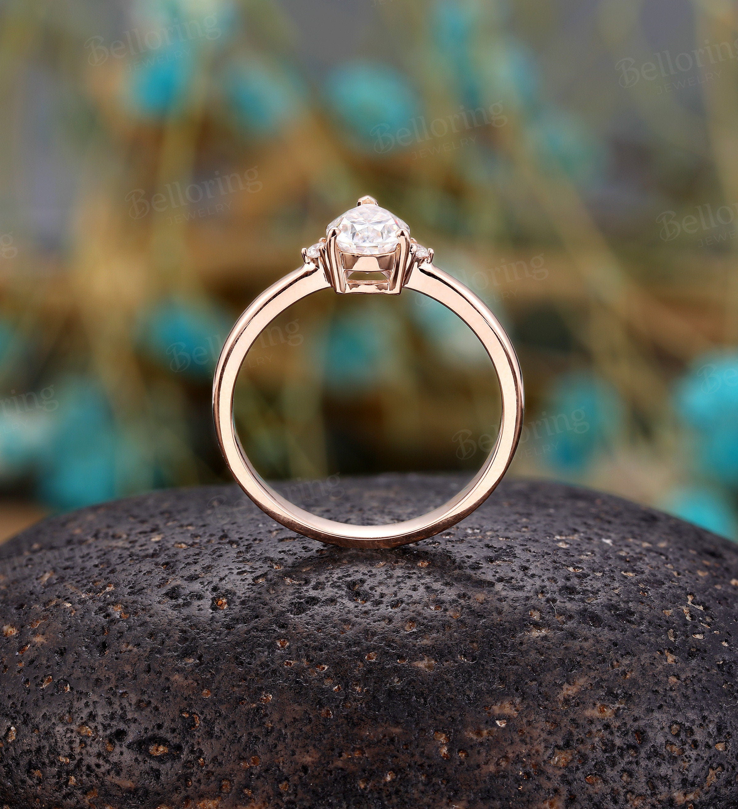 Art deco Moissanite engagement ring Vintage antique diamond rose gold Unique wedding  promise ring 3 stone ring  Anniversary gift