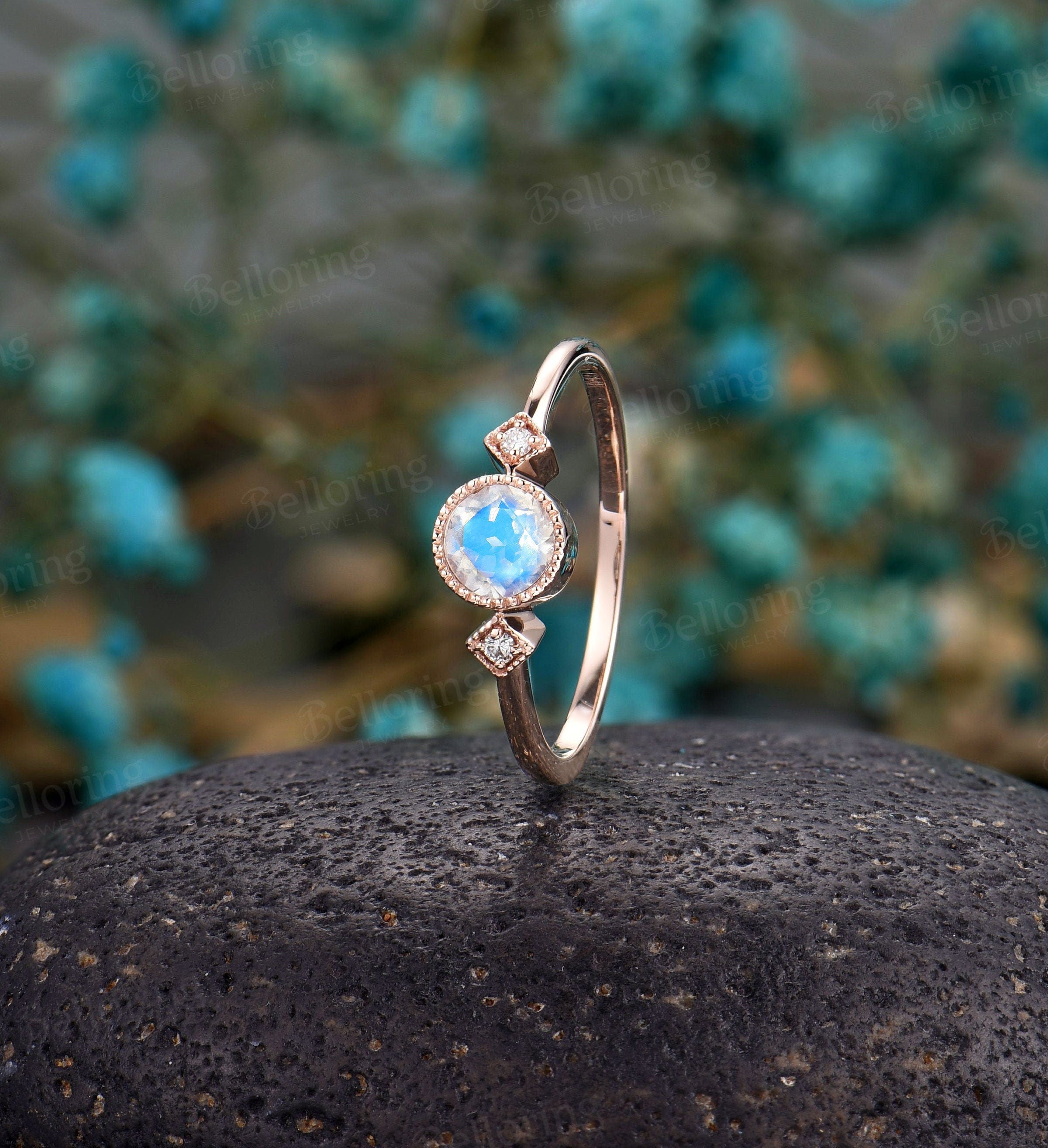 Moonstone engagement ring rose gold diamond unique wedding milgrain De –  Belloring