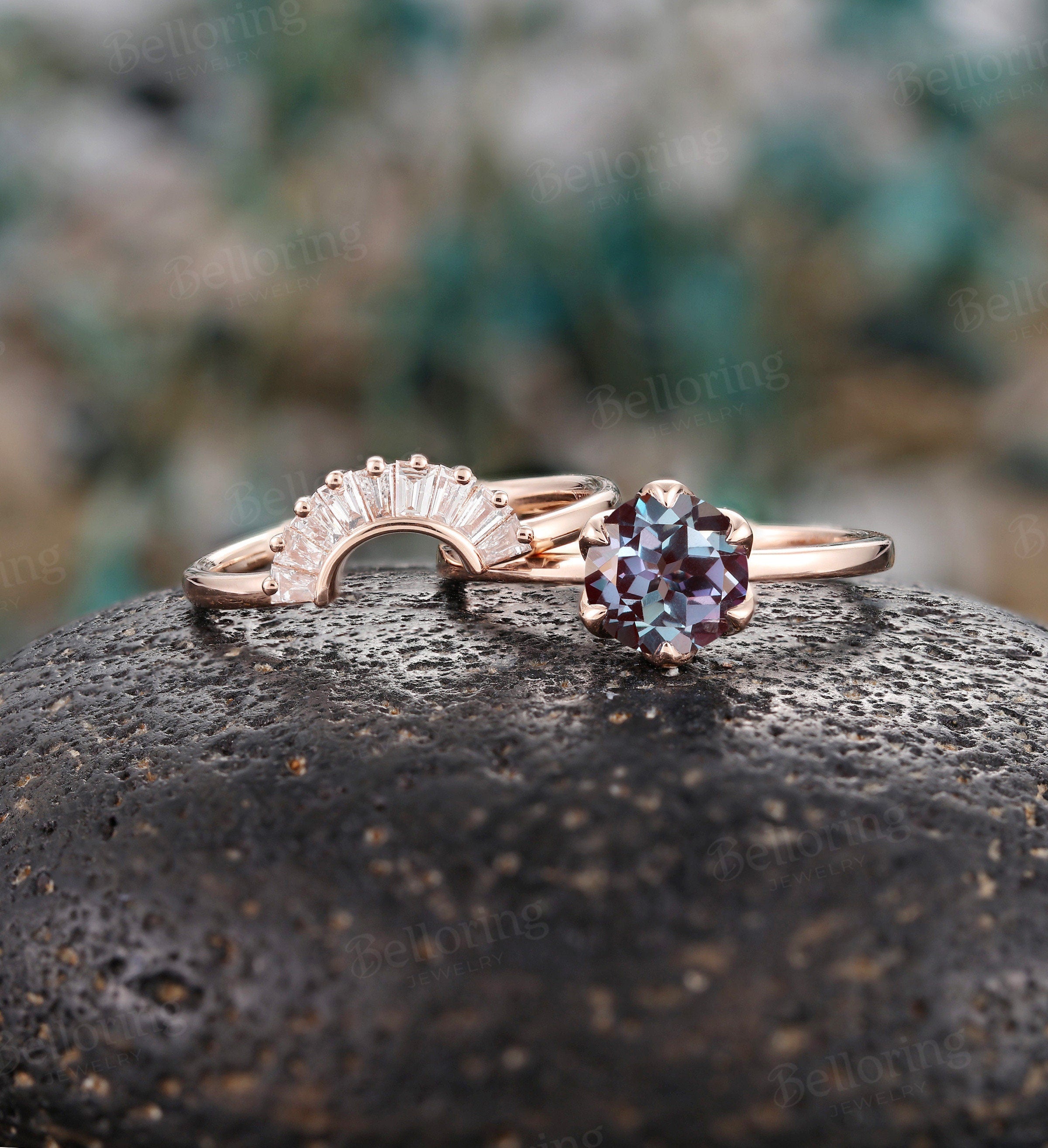 Alexandrite engagement ring set chevron band rose gold baguette diamond band Vintage V shape band Antique stacking Promise ring