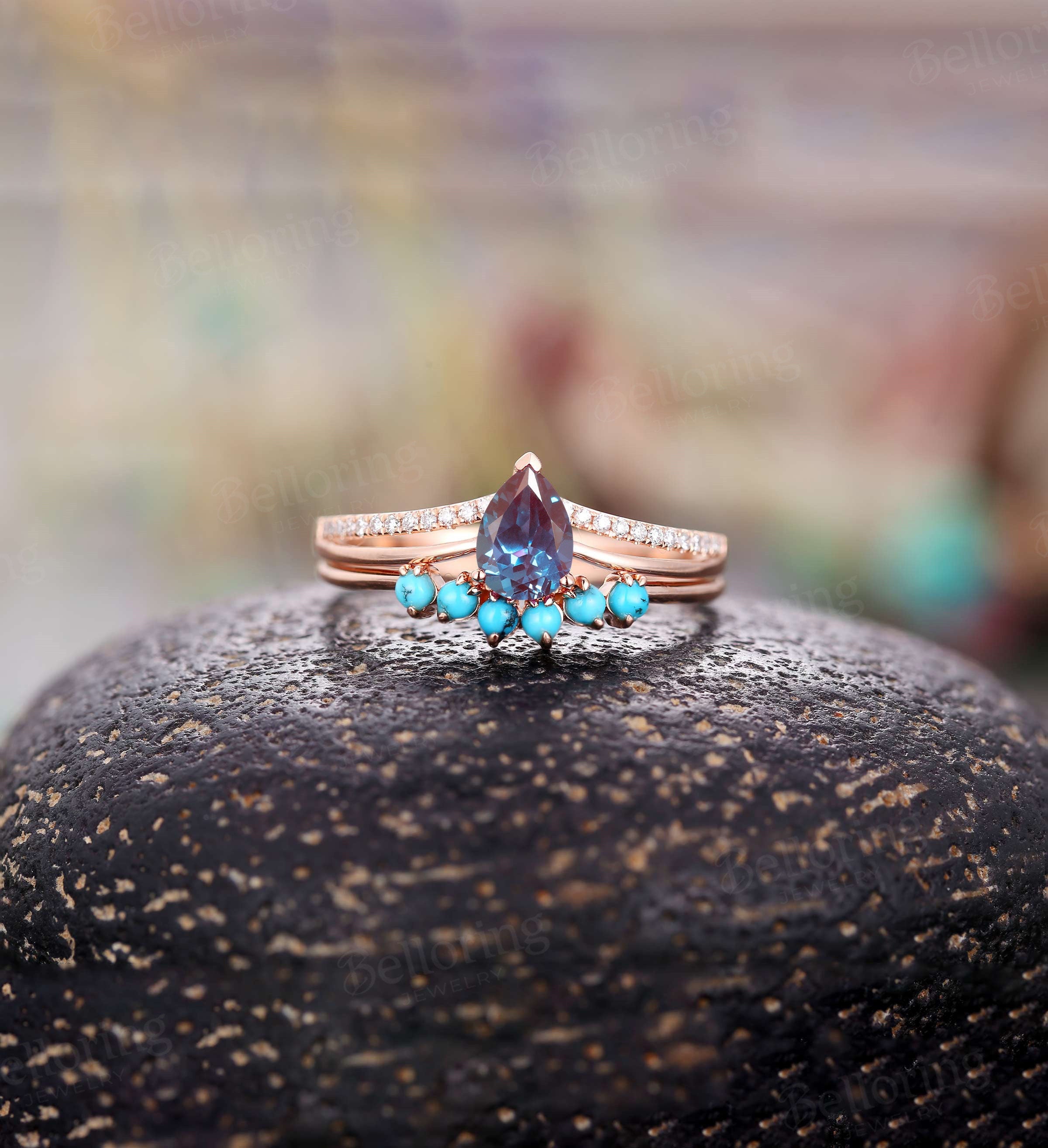 Alexandrite engagement ring set pear shaped vintage diamond Half eternity Wedding ring set  antique promise turquoise curved band