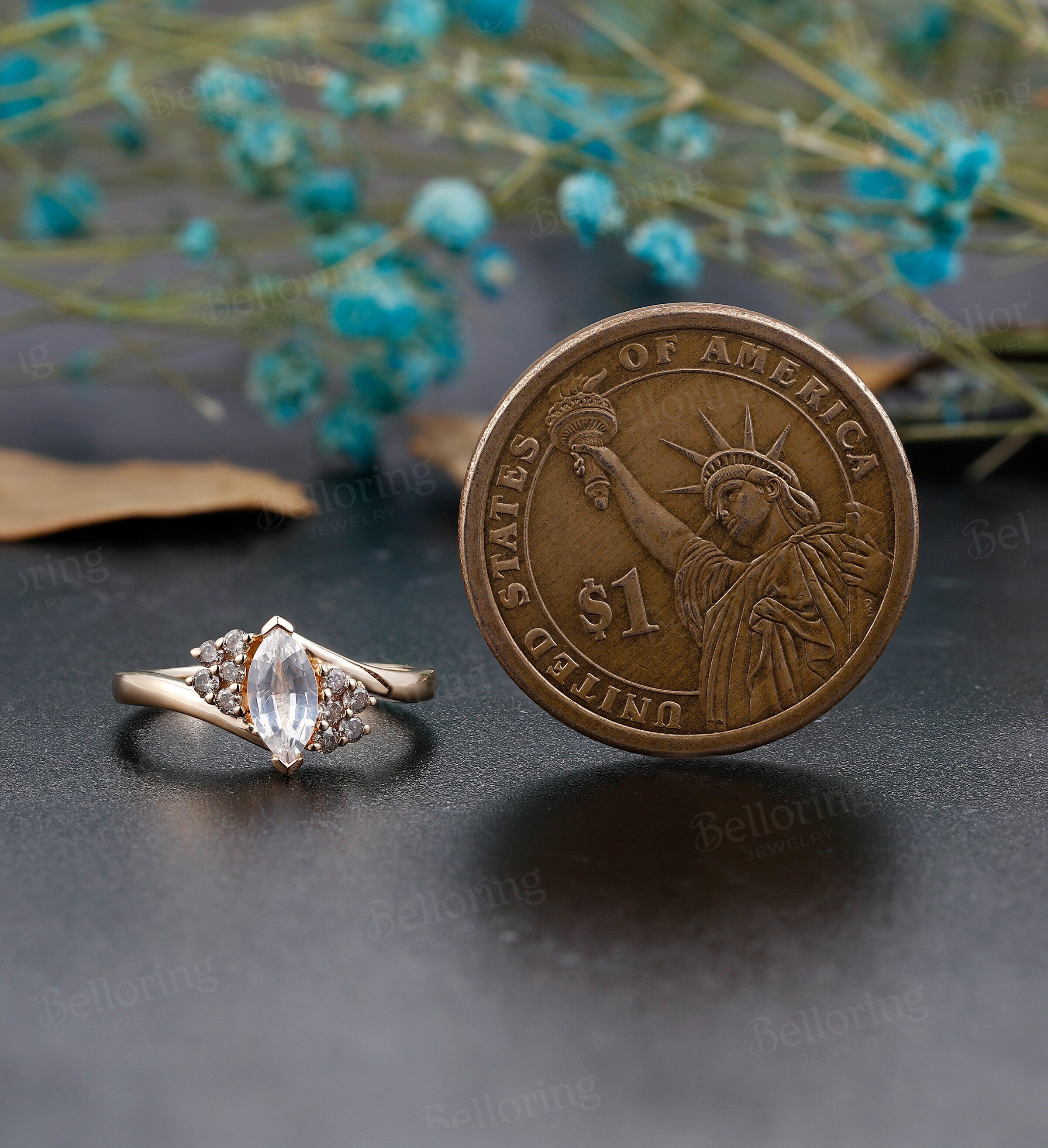 Marquise cut white sapphire engagement ring, Antique salt and pepper diamond ring, vintage yellow gold cluster Wedding Anniversary ring