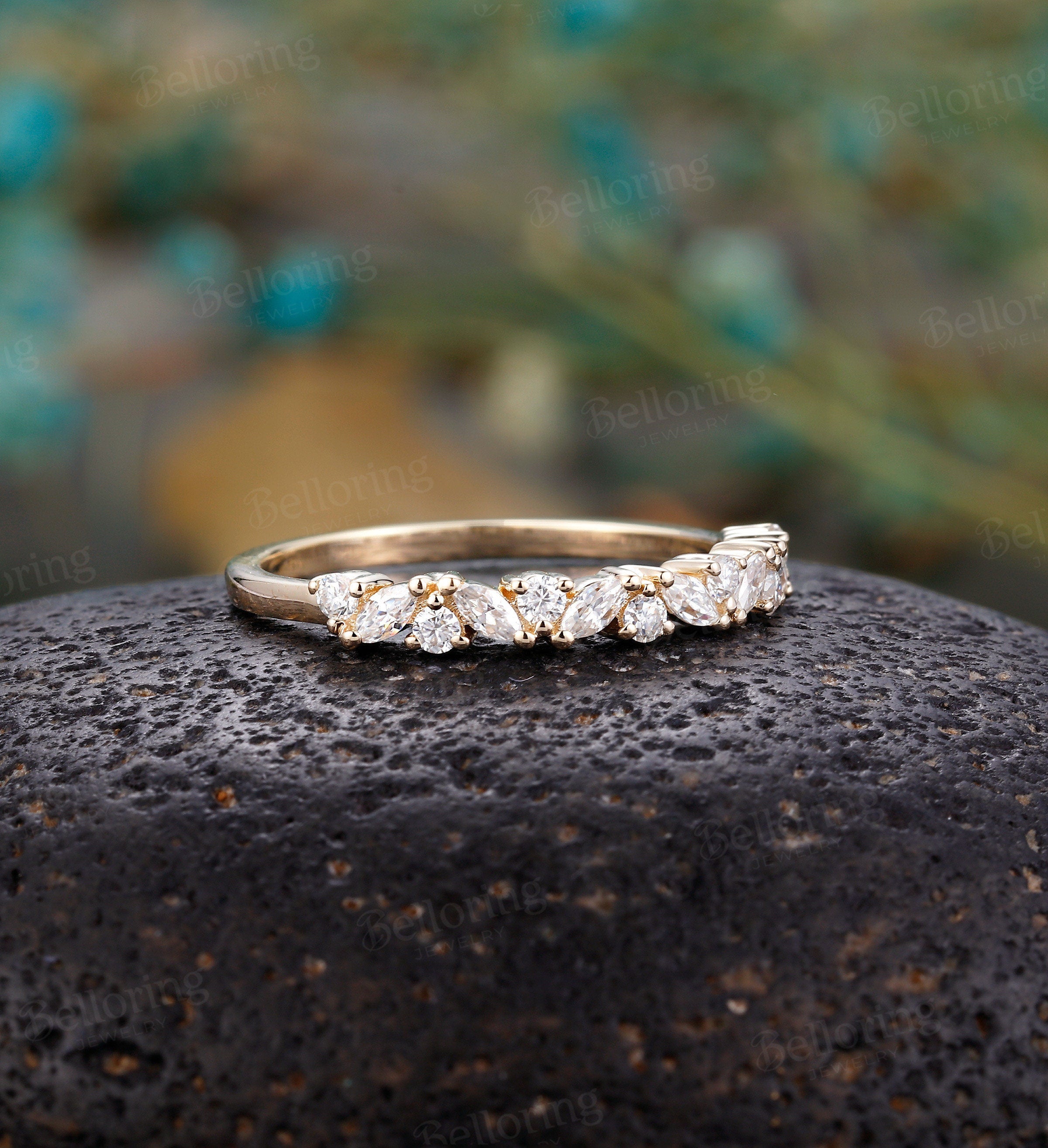 Marquise cut & round Moissanite wedding band, vintage yellow gold Half eternity antique unique bridal ring, Promise Matching band