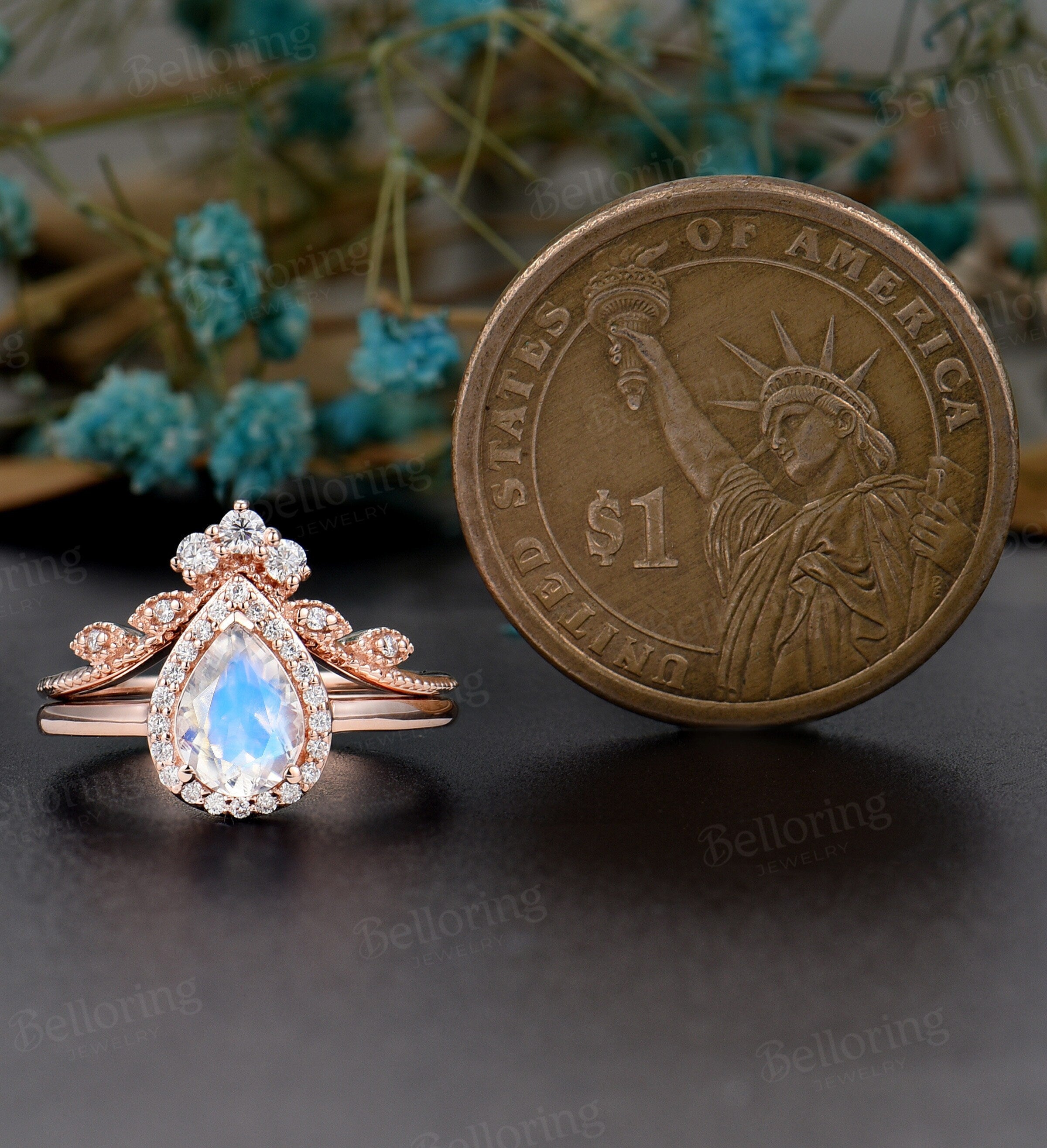 Moonstone engagement ring set  Rose gold pear shaped vintage leaf moissanite unique Wedding Jewelry birthstone Anniversary wedding ring