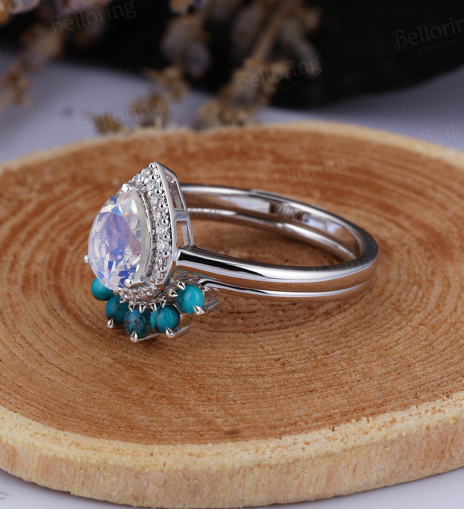 Moonstone engagement ring  pear cut vintage diamond turquoise Wedding Ring set Jewelry birthstone Anniversary wedding ring