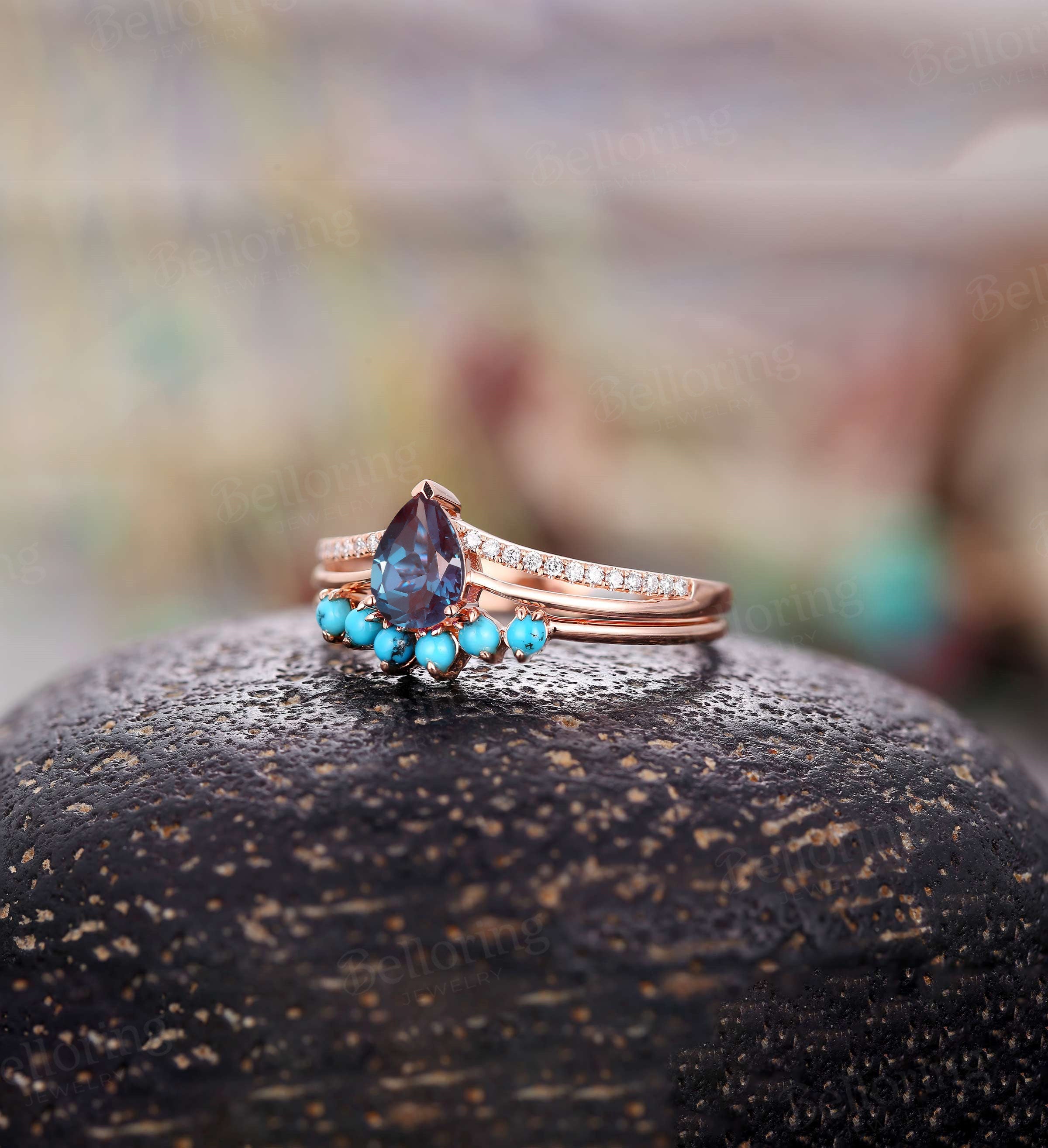 Alexandrite engagement ring set pear shaped vintage diamond Half eternity Wedding ring set  antique promise turquoise curved band